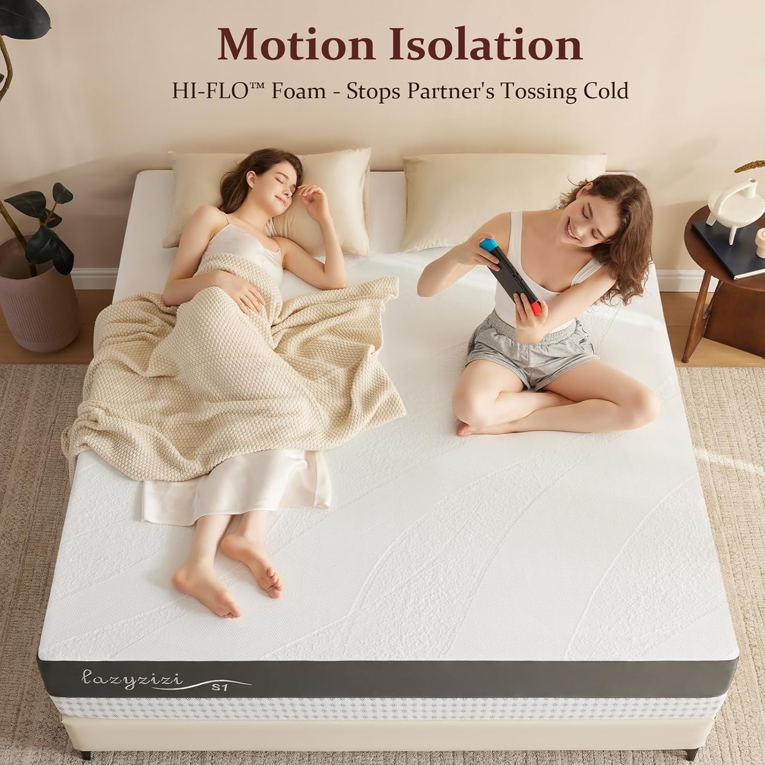 Lazyzizi King Size Mattress, Fiberglass Free Green Tea 12" Memory Foam Mattress, Gel Infused Cooling Foam, Back Pain Relief, Washable Cover, Medium Plush Feel with Motion Isolating