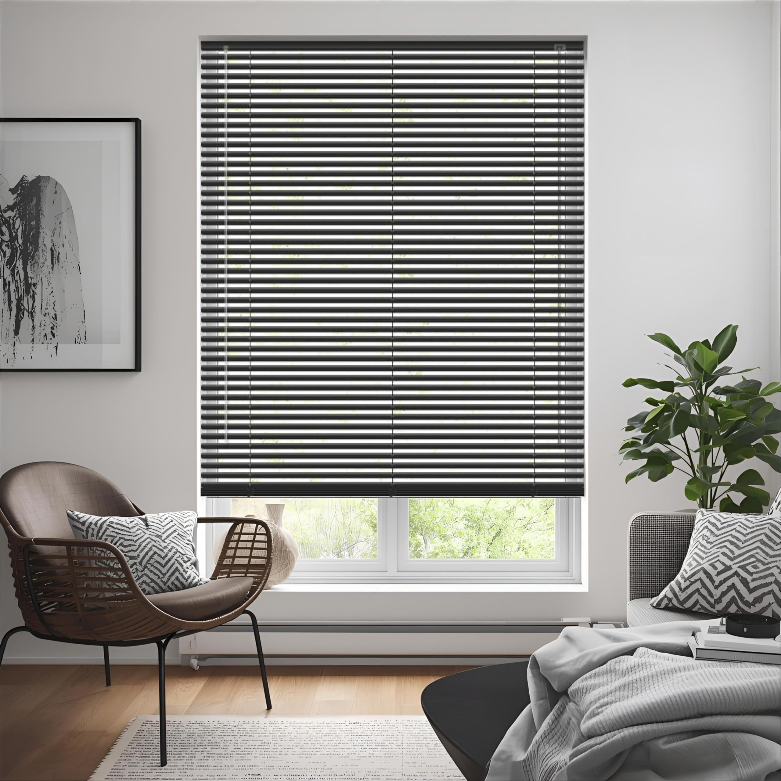 Black Plain PVC venetian Blind - Width 90cm x Drop 150cm - 25mm Horizontal Slats - Easy Fit Trimmable fitting with Tilt control Wand Mechanism