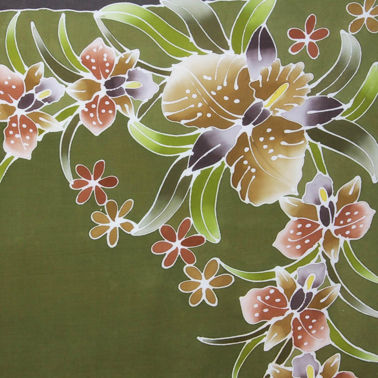 NOVICA Artisan Handmade Rayon Batik Sarong Olive Green with Floral Motif Clothing Patterned Thailand ' Autumn Cattleya'