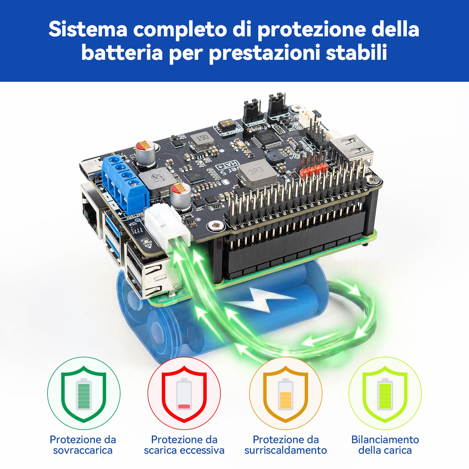 SunFounder PiPower 5 Alimentatore UPS HAT 5V/5A per Raspberry Pi 5/4B/3B+/Zero 2 W/Arduino/Pironman 5/Max/Mini, batteria ricaricabile, spegnimento sicuro, dashboard intelligente