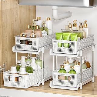 Bathroom Organizer with Dividers, 2Pcs 2 Tier Stackable Under Sink Organ...