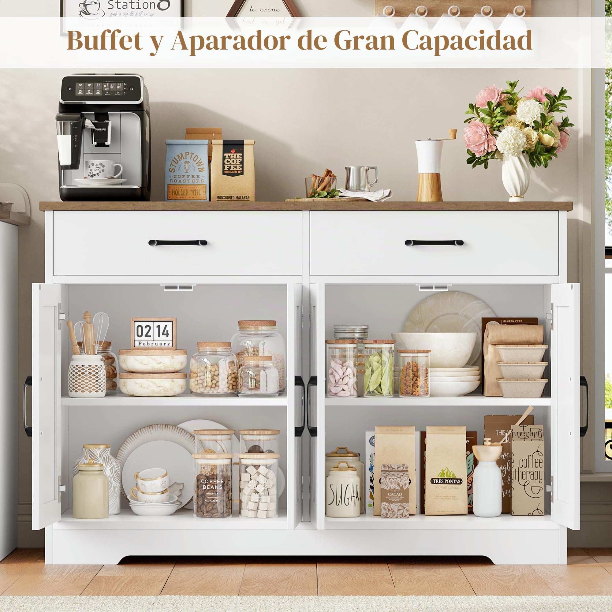 HOCSOK Aparador de 120 cm de Ancho, Armario de Cocina con encimeras, Armario de Cocina Buffet con 2 cajones y 4 Puertas, salón, Cocina, Pasillo (Blanco y Marrón)