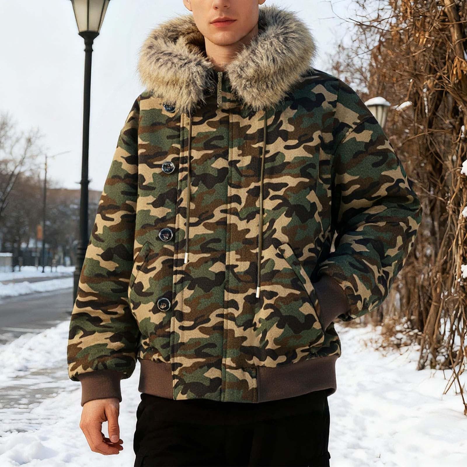 Herren Skijacke Warm Gefüttert Winterjacke mit Fellkapuze Outdoor Snowboardjacke Gepolstert Camouflage Vintage Übergangsjacke Winddichte Windbreaker Dicke Steppjacke