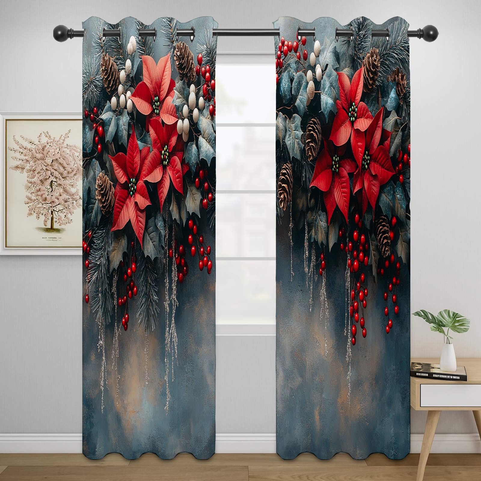 Modern Abstrakt Geometrie Vorhänge Klassischer roter Tannenzapfen-Winter Schlafzimmer Fenstervorhang-H180 x B100 cm (2er Pack)