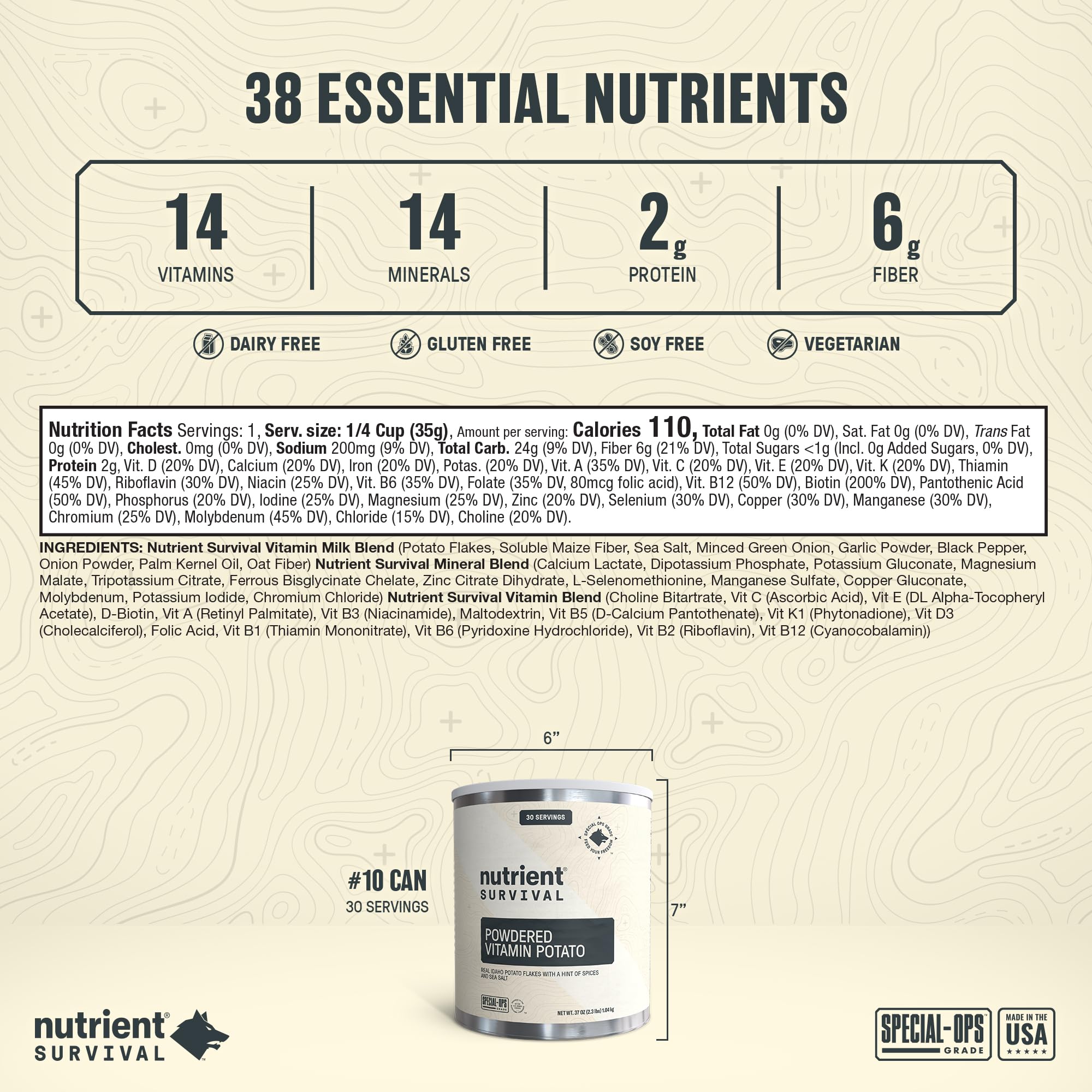 Nutrient Survival Fiocchi di patate, patate vitaminiche in polvere (4 lattine, 30 porzioni per lattina) per purè di patate, zuppe, forniture alimentari di emergenza e forniture da campeggio, 38