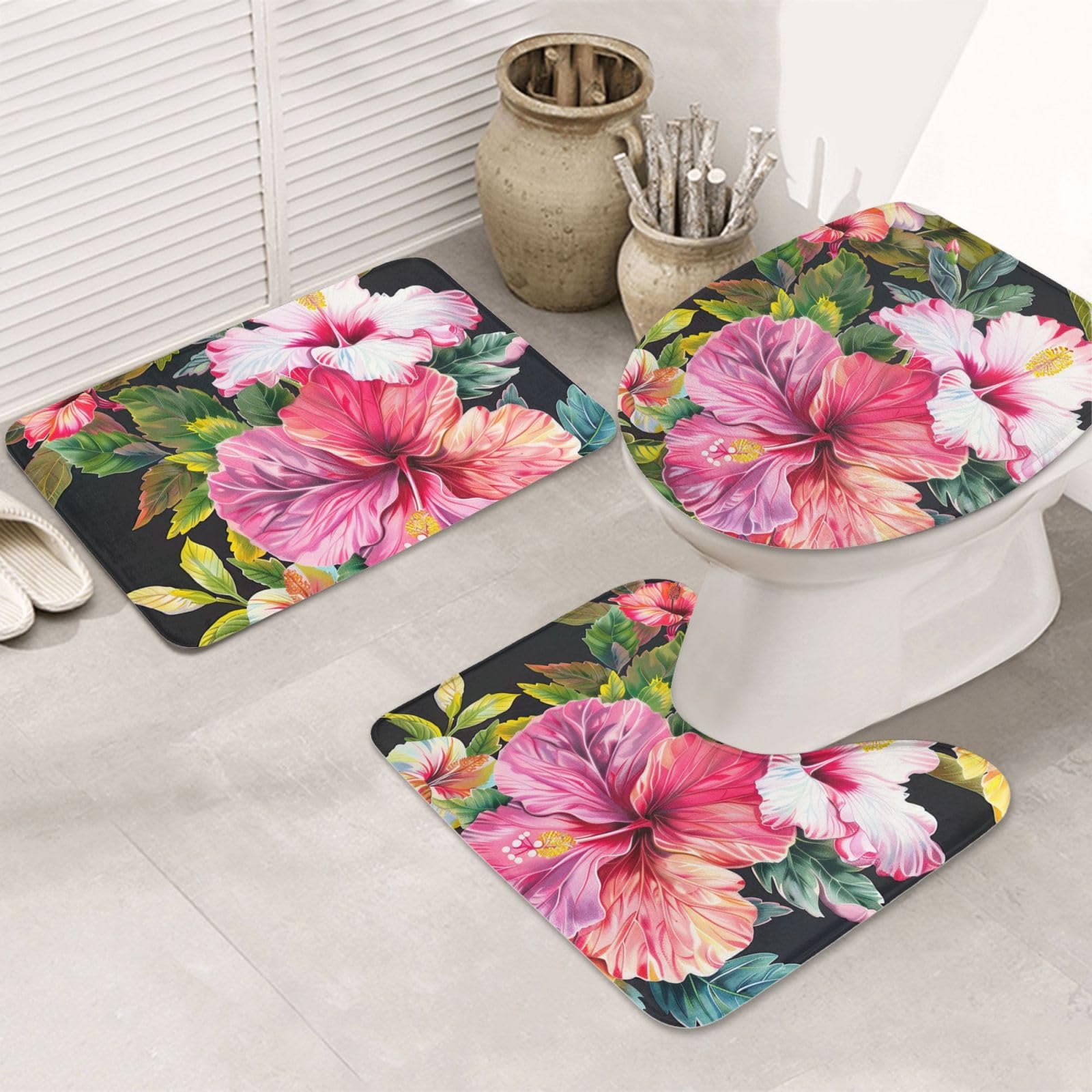 Lot de 3 tapis de bain antidérapants et absorbants en flanelle avec motif imprimé fleurs d'hibiscus, tapis de bain, tapis contour et housse pour abattant WC