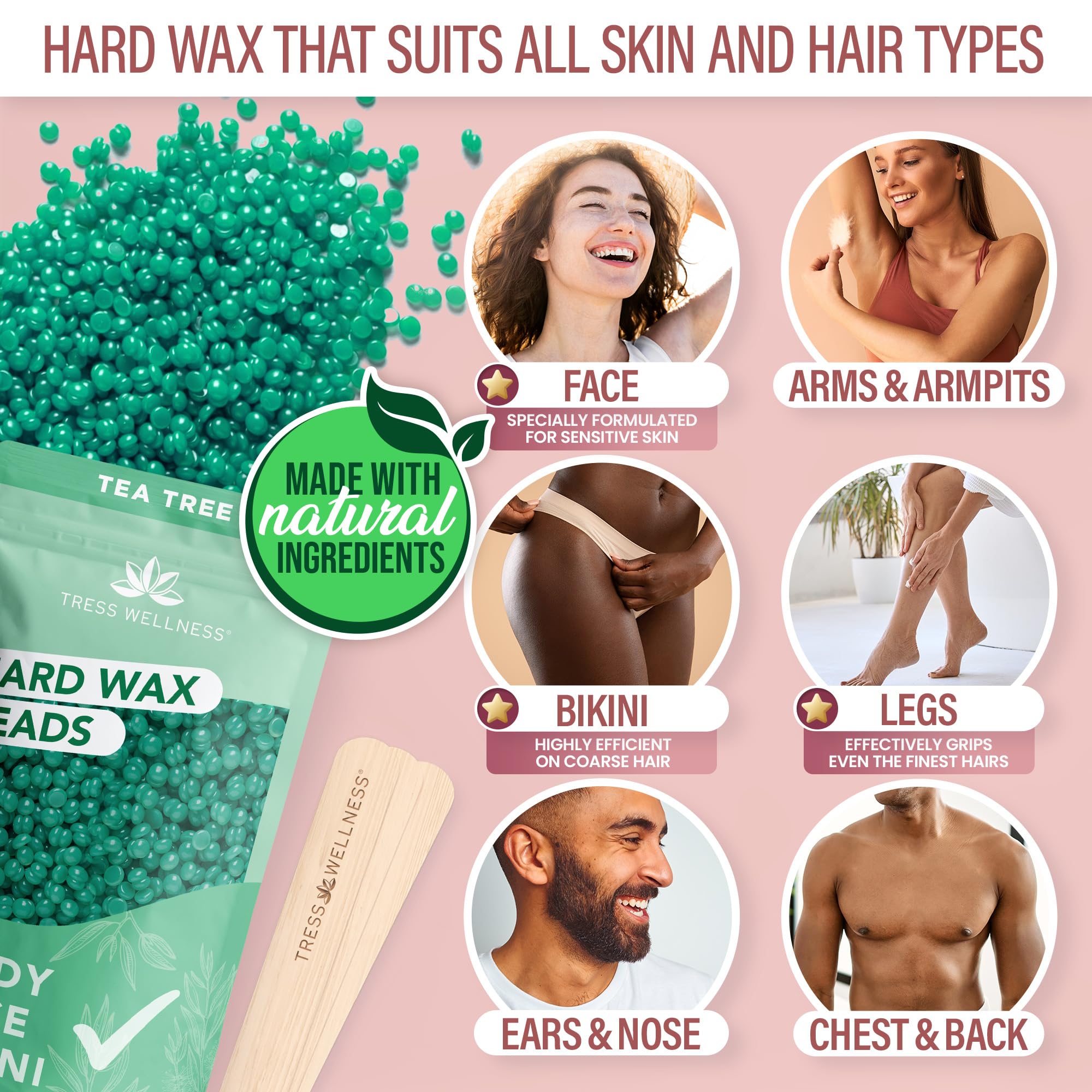 Tress Wellness Kit ceretta per pelli sensibili, sicuro per viso e pelle, salviette per la preparazione e la cura del viso, facile da usare, kit a casa per viso, bikini, brasiliana e tutto il corpo