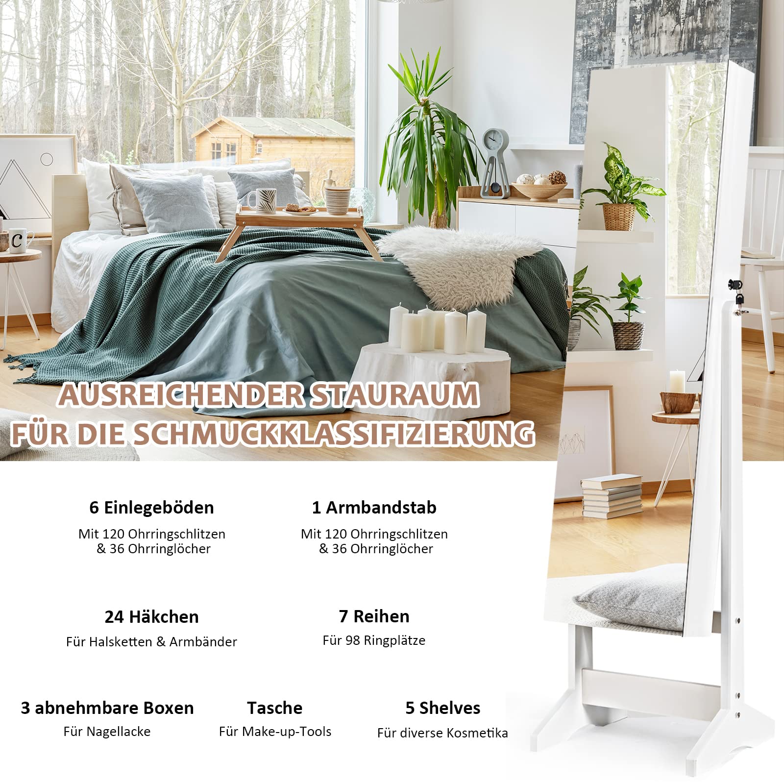 GOPLUS Sieradenkast voor wandmontage met spiegel en ledlicht, wandopbergkast, aan de deur opgehangen met slot, spiegel sieradenhouder 120 x 36,5 x 11,5 cm (kerstlade, bruin