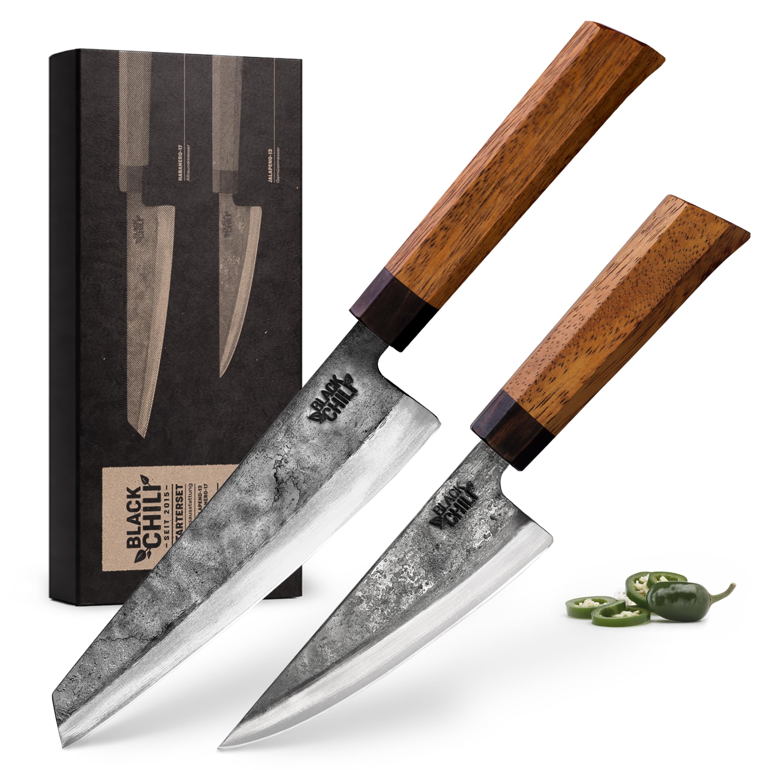 Küchenmesser Set (2-teilig) | Santoku Messer & Gemüsemesser mit Eisenholz Griff | 13 & 17 cm Carbonstahl Klinge | Kochmesser für Fleisch und Gemüse | HABANERO-17 & JALAPENO-13