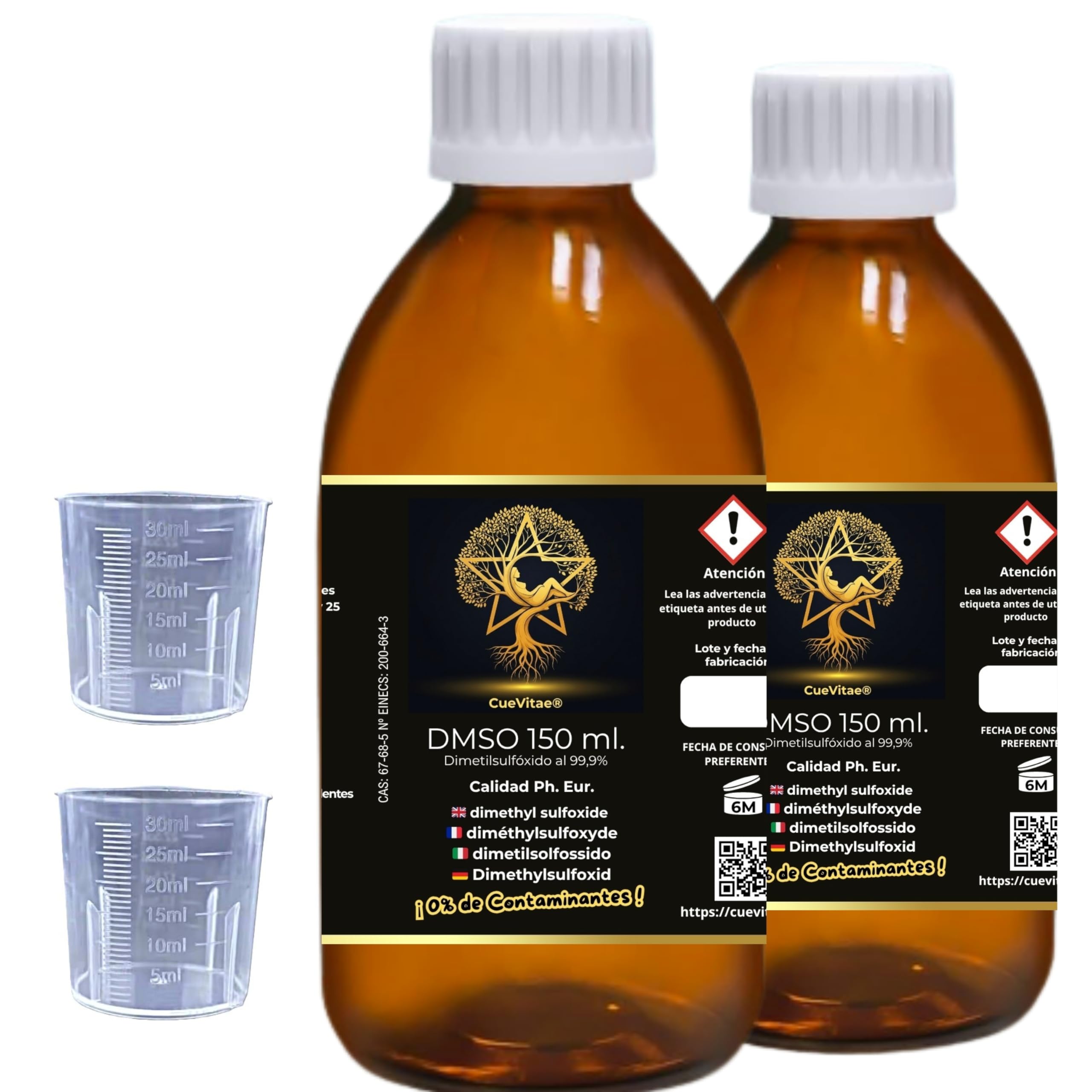 DMSO 99,9 % pur diméthylsulfoxyde 2 x 150 ml CueVitae® Bouteille en verre ambré avec compte-gouttes et verre doseur | solvant organique de haute pureté | sans additifs