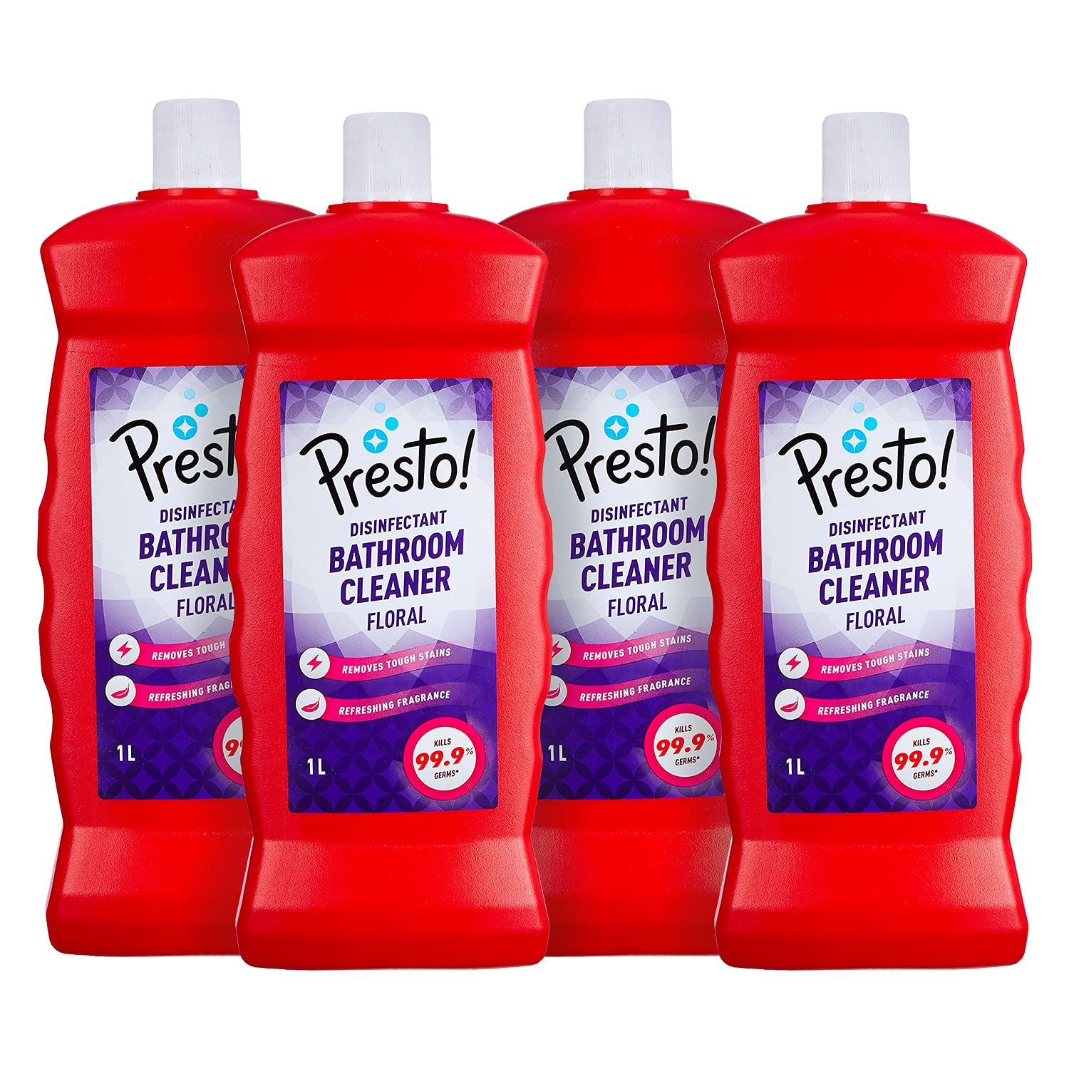 Amazon Brand - Presto! Bathroom Cleaner | Floral | 4 Litre | 1 L X 4 Packs | Suitable For Bathroom Floors, Slabs, Wall Tiles, Sinks, Basins, Stainless Steel Taps, Shower Heads