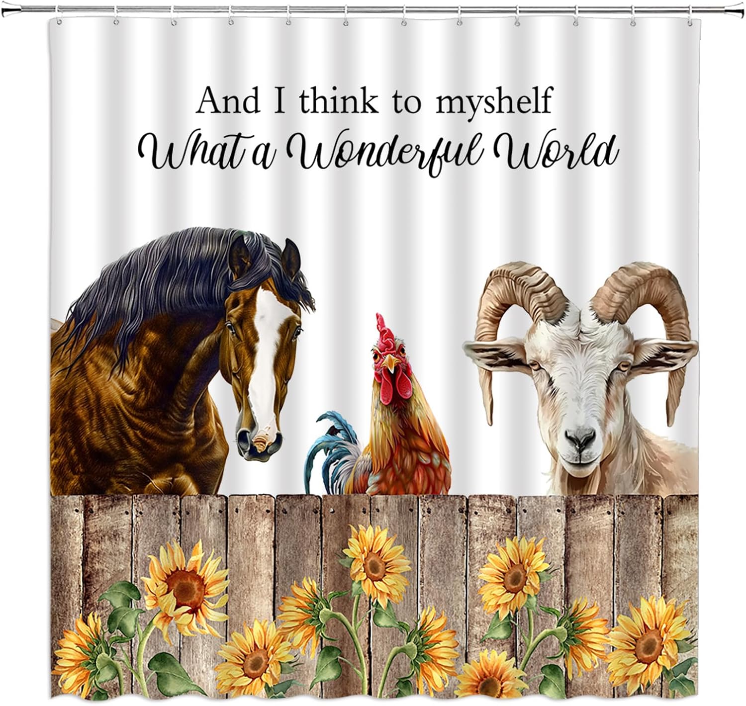 Horse Sheep Rooster Shower Curtain Funny Farmhouse Animals Rustic Wooden Plank Country Western Fabric Bathroom Decor Curtains with Hooks,Brown
