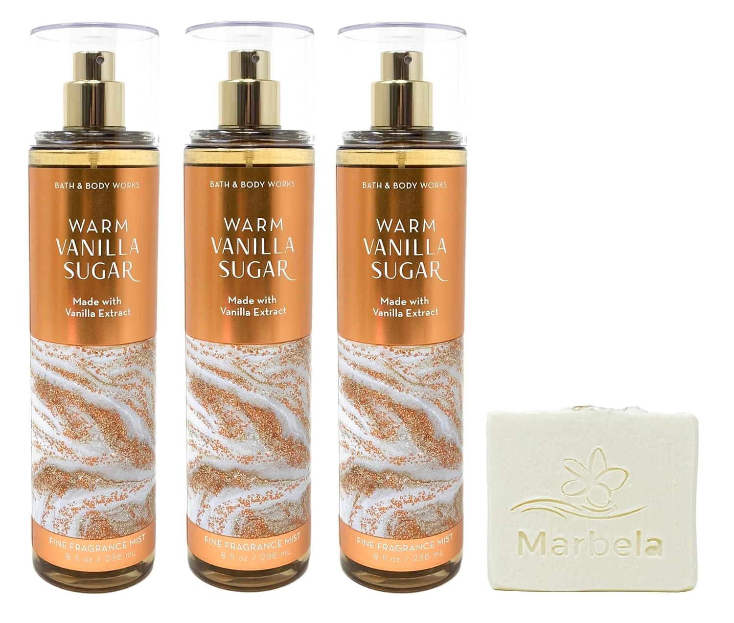 Bath & Body Works Warm Vanilla Sugar - 3 Pack Of Fine Fragrance Mist With a Natural Oats Sample Soap.