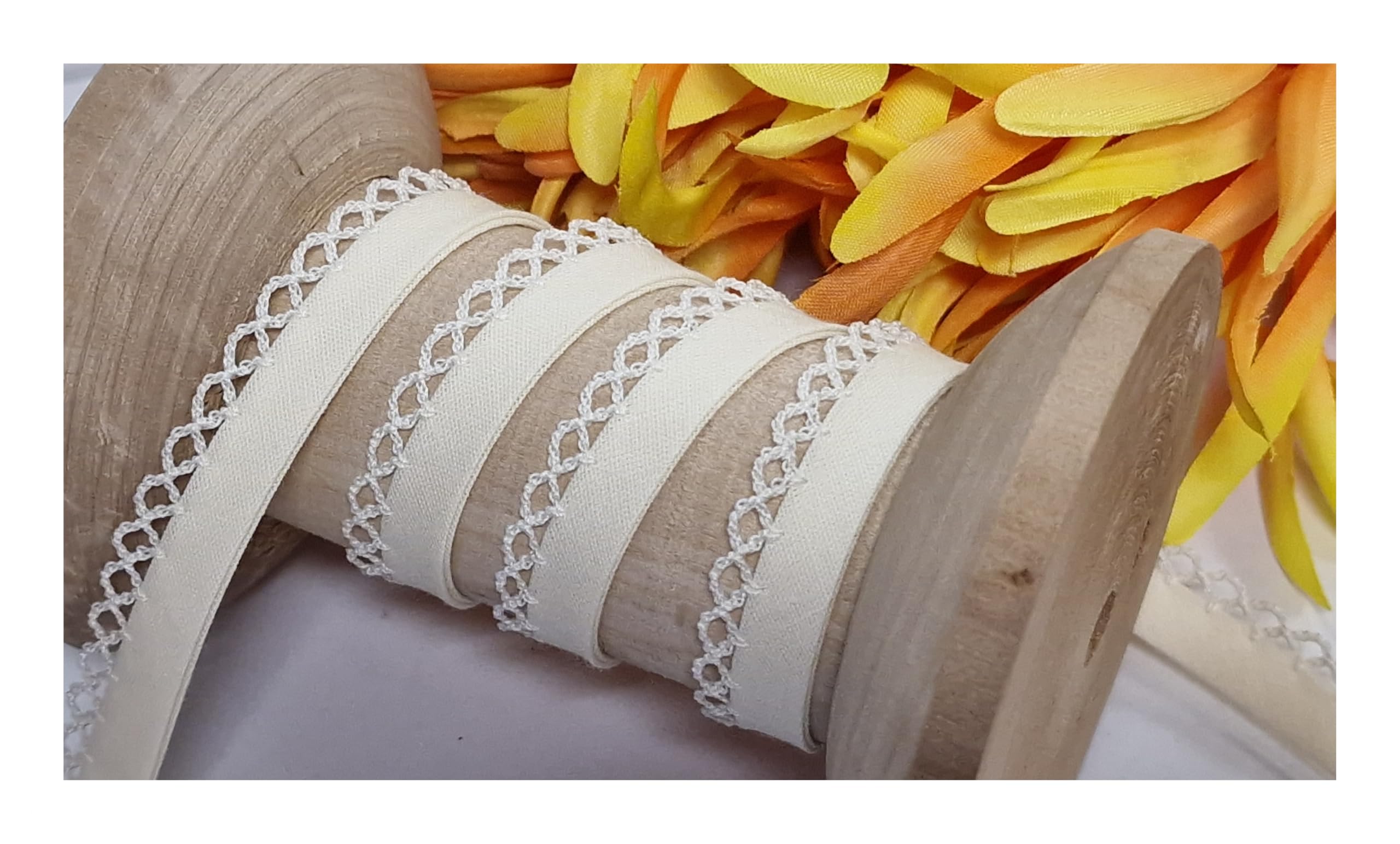 5m of Professional Quality Picot Lace Bias Binding Trim, 12mm Double Fold. Used for Edging Clothing, Quilting, Soft Furnishings Toys, Sewing Projects. UK Haberdashery Company (Ivory) โ image 1