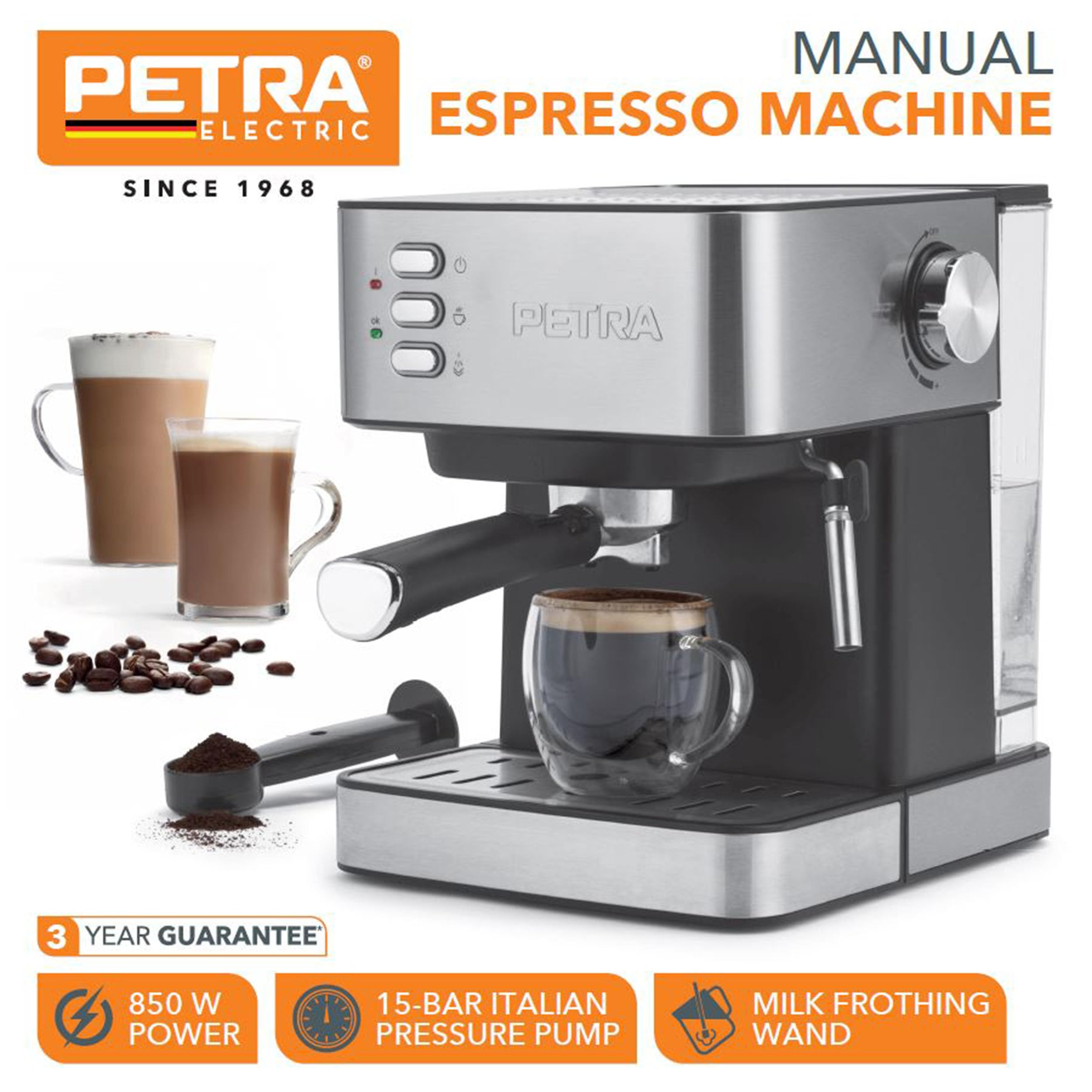 Petra Macchina Espresso Manuale con Montalatte – Compatibile con Caffè Macinato, Pompa Italiana a Pressione da 15 Bar, Serbatoio d'Acqua Rimovibile da 1.6L, Include Portafiltro, 850W, PT6137VDE