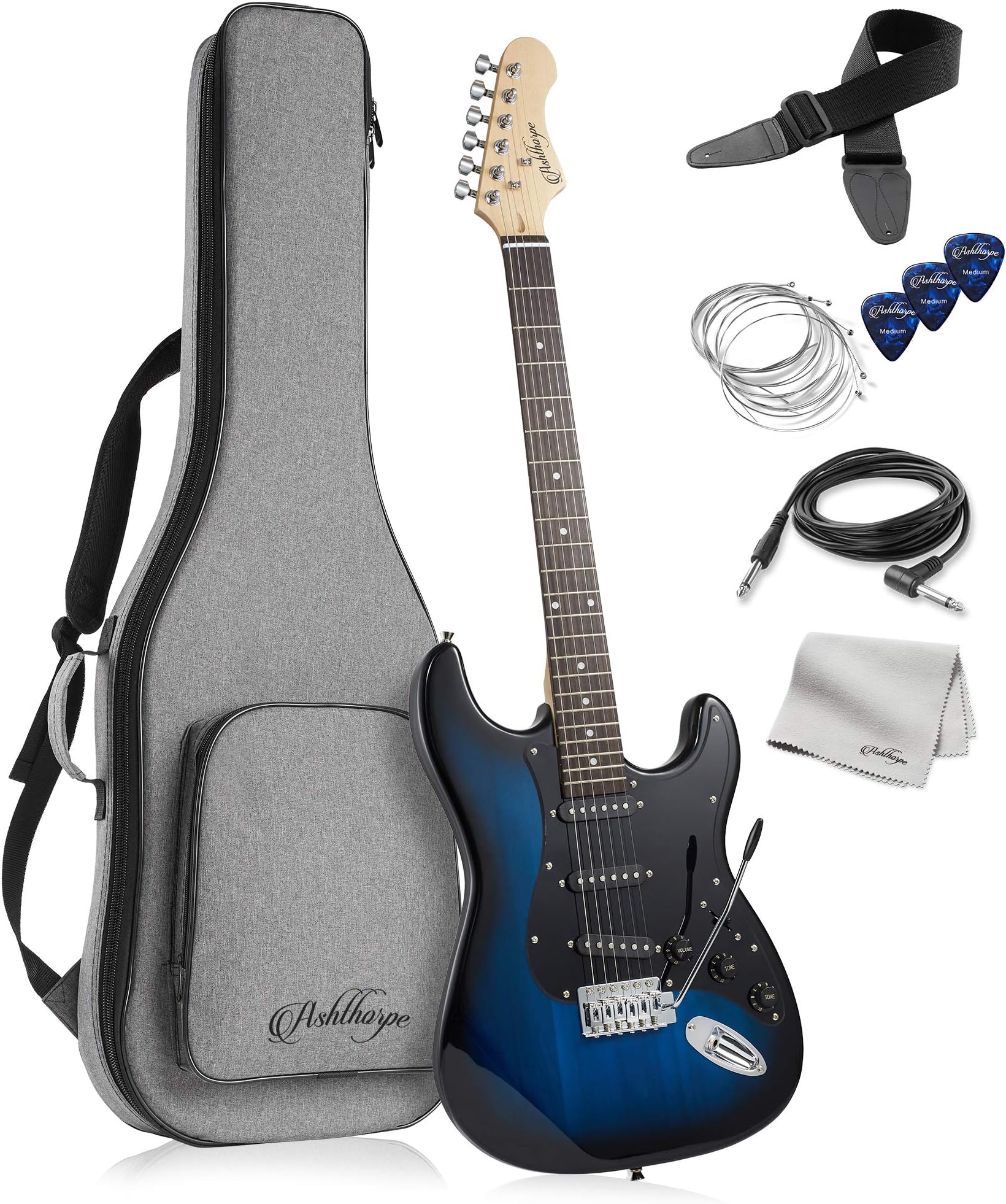Ashthorpe 39" Electric Guitar (Blue Black) Full Size Guitar Kit Padded Gig Bag, Tremolo Bar, Strap, Strings, Cable, Cloth, Pick