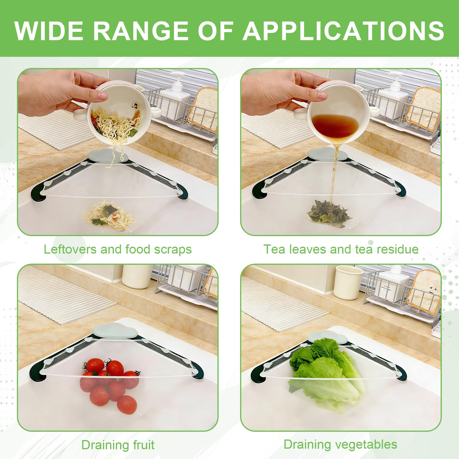 2 Colino per Lavello Cucina con Ventosa, Scolapasta da Lavello con 100 Filtri, Colino 2 in 1 per Lavandino per Lavandino, Verdura, Frutta, Scarti di Cucina, Verde e Arancione