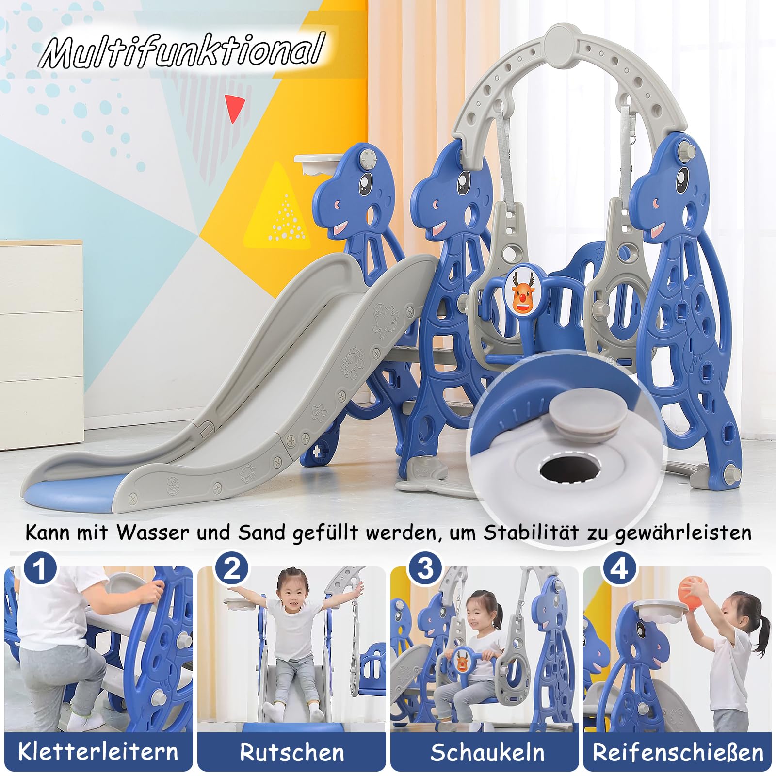 FIVMEN Toboggan 3 En 1 Enfant – Avec Panier De Basket, Escalier, Intérieur/extérieur, Charge 50 Kg, Dès 1 An