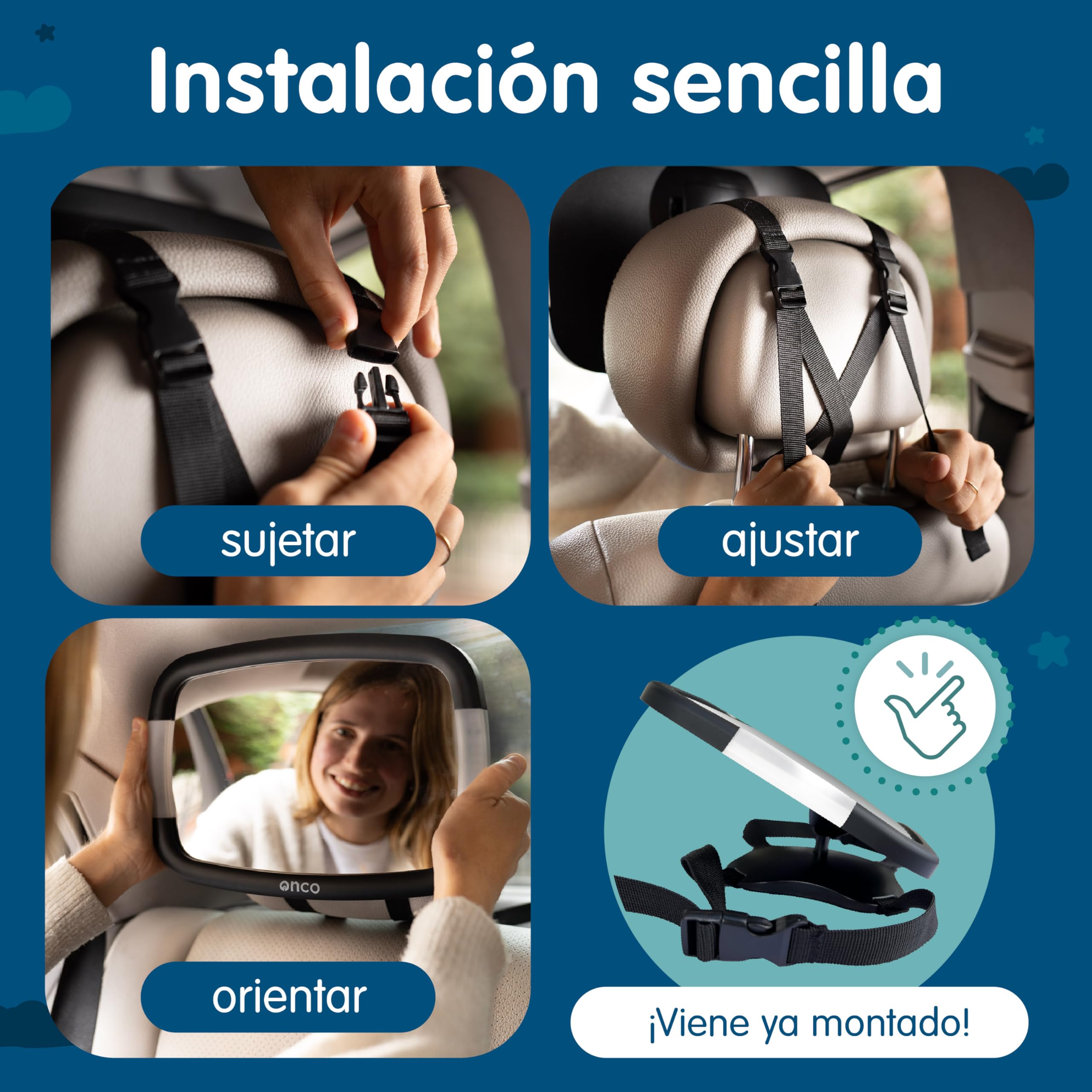 Onco Espejo Coche Bebé Con LED - 2 Modos de Luz Ambiental, 100% Irrompible, Ajuste Universal y Orientable 360°, Asiento Trasero, Retrovisor, Accesorios