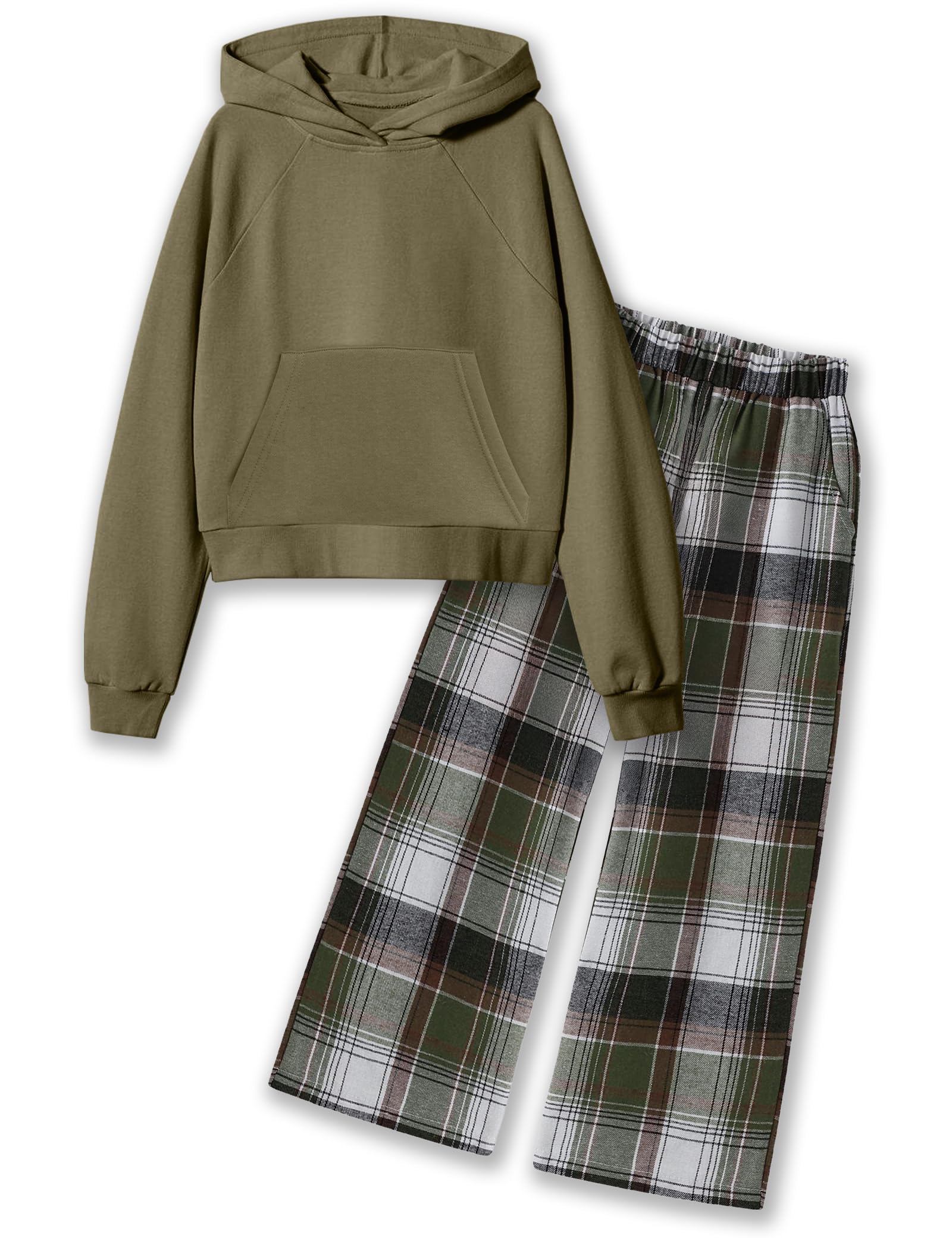 kadoubiyoo Girls Clothes Long Sleeve Hoodie Sweatshirt and Plaid Wide-leg Pants 2PCS Girl Fall Outfits Size 6-16