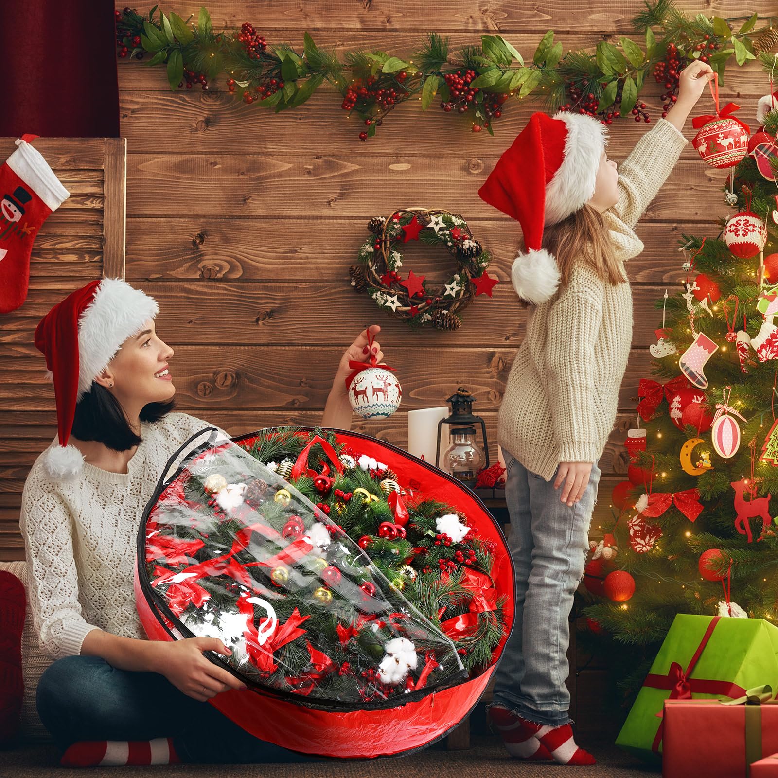 Aliceset 4 Stück Weihnachtskranz-Aufbewahrungstasche mit transparentem Fenster, Weihnachtskranz, Aufbewahrungsbehälter, Kranzboxen für die Aufbewahrung mit Griff, Urlaubskranz-Verpackung (91,4 x 91,4