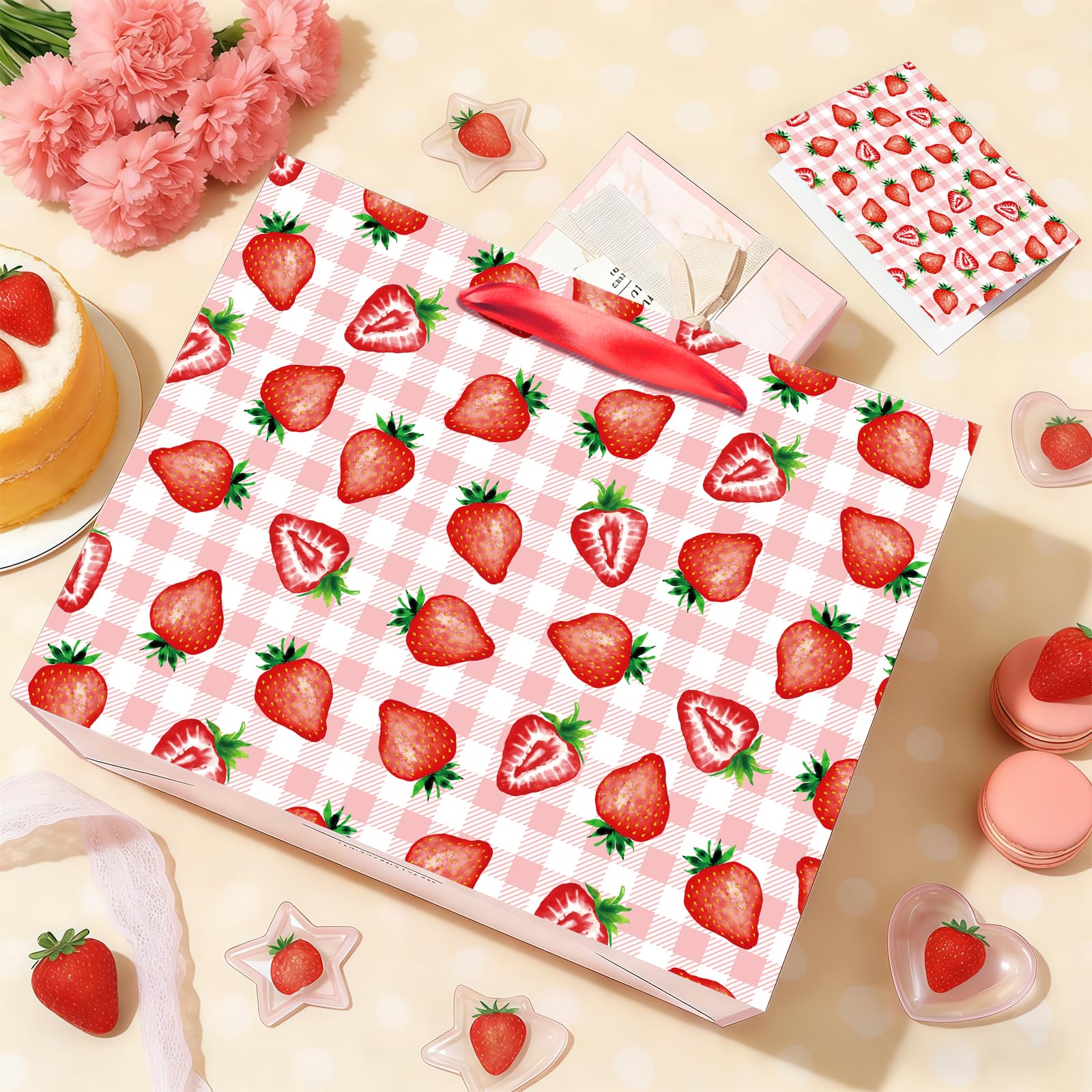 Strawberry Gift Bag with Red Tissue Paper & Card Pink Gingham Plaid Gift Wrapping Bag - Berry Sweet Theme Party Supplies for Women Teen Girls 1st Birthday, Baby Shower, Bridal Shower Summer Picnic