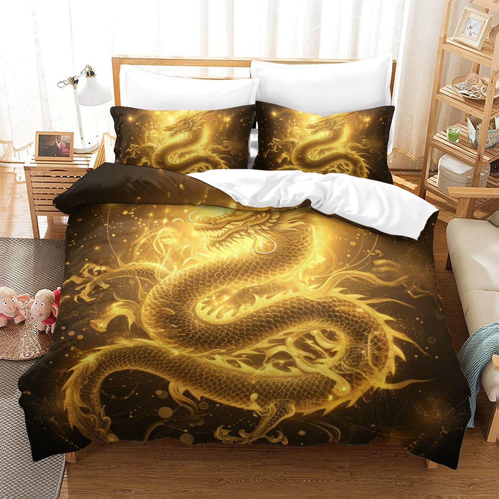 Parure de lit 3 pièces en microfibre respirante et douce motif dragon