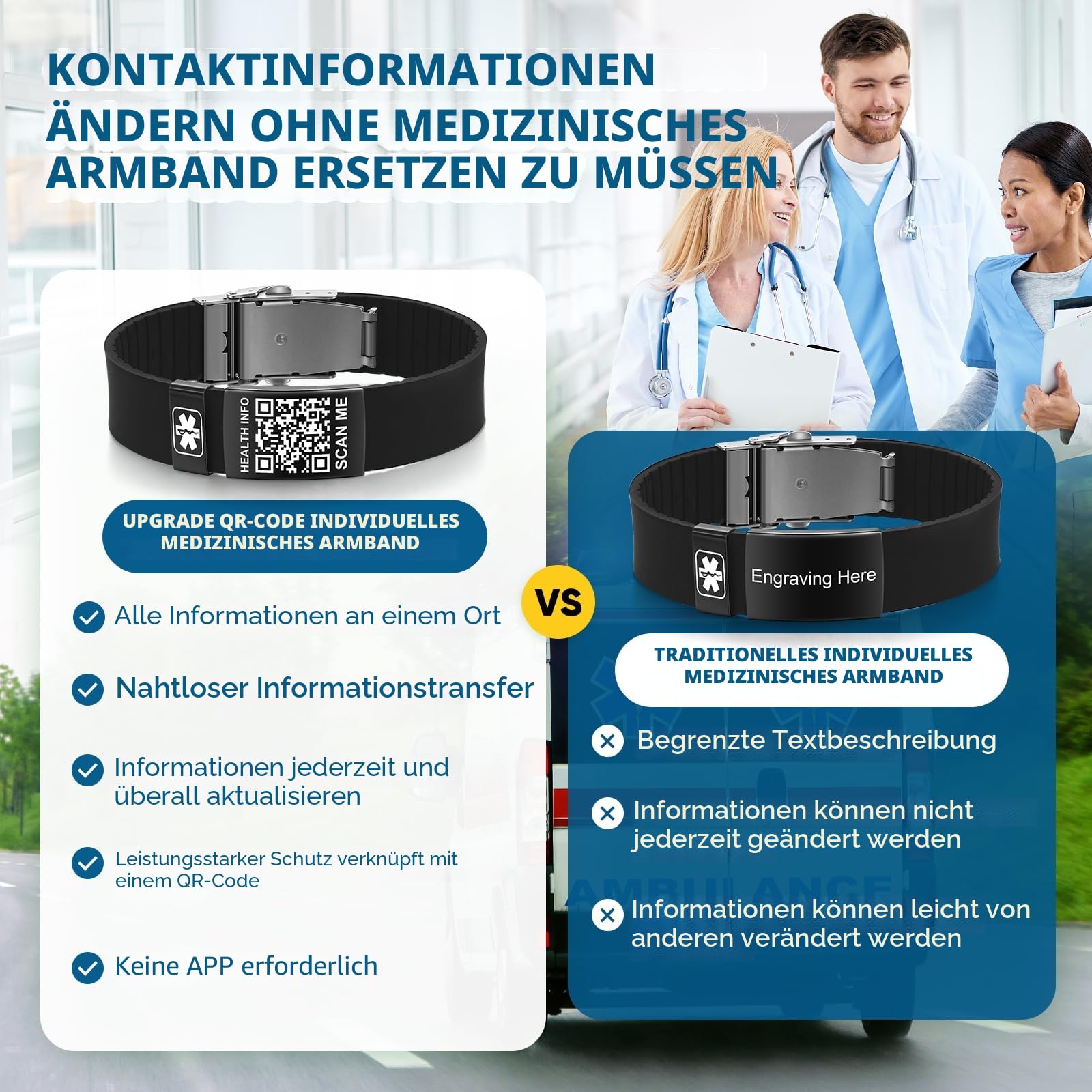 Medizinisches Armband mit QR-Code-Notfall-ID, aus Silikon, wasserdicht, passt bis 22,9 cm Handgelenk, Notfallinfo, mehr Platz, für Sport, Jungen/Mädchen/Damen/Herren