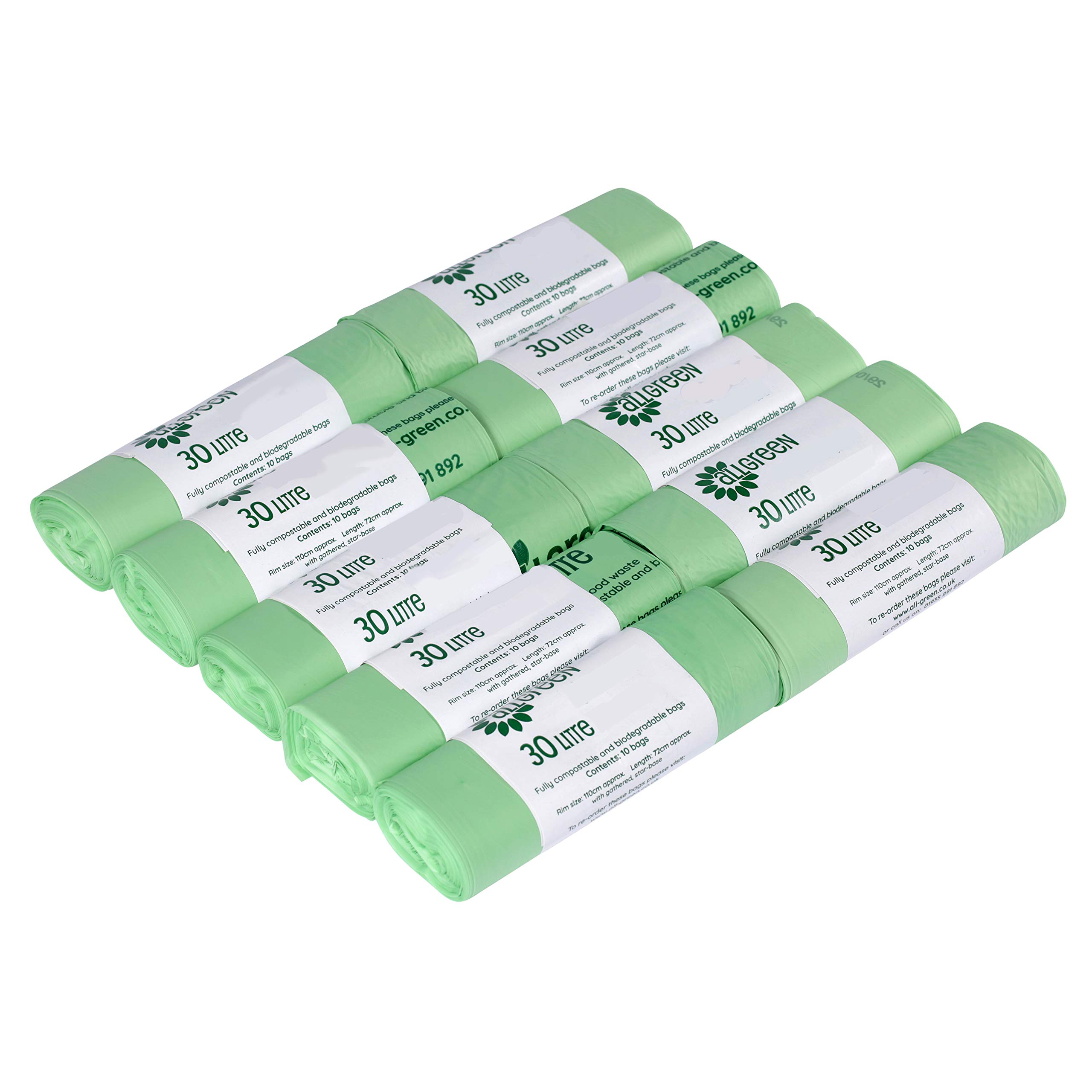 30 Litre x 100 Compostable Bags for Kerbside Bin - EN13432 Kitchen/Outdoor Bin Liners