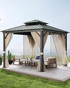 Hardtop Gazebo 10'x10' for All Weather, with Double Metal Roof, Aluminum Alloy Frame, Net, and Curtain, Permanent Building for Patio, Deck, Backyard, Lawn, and Garden, Khaki