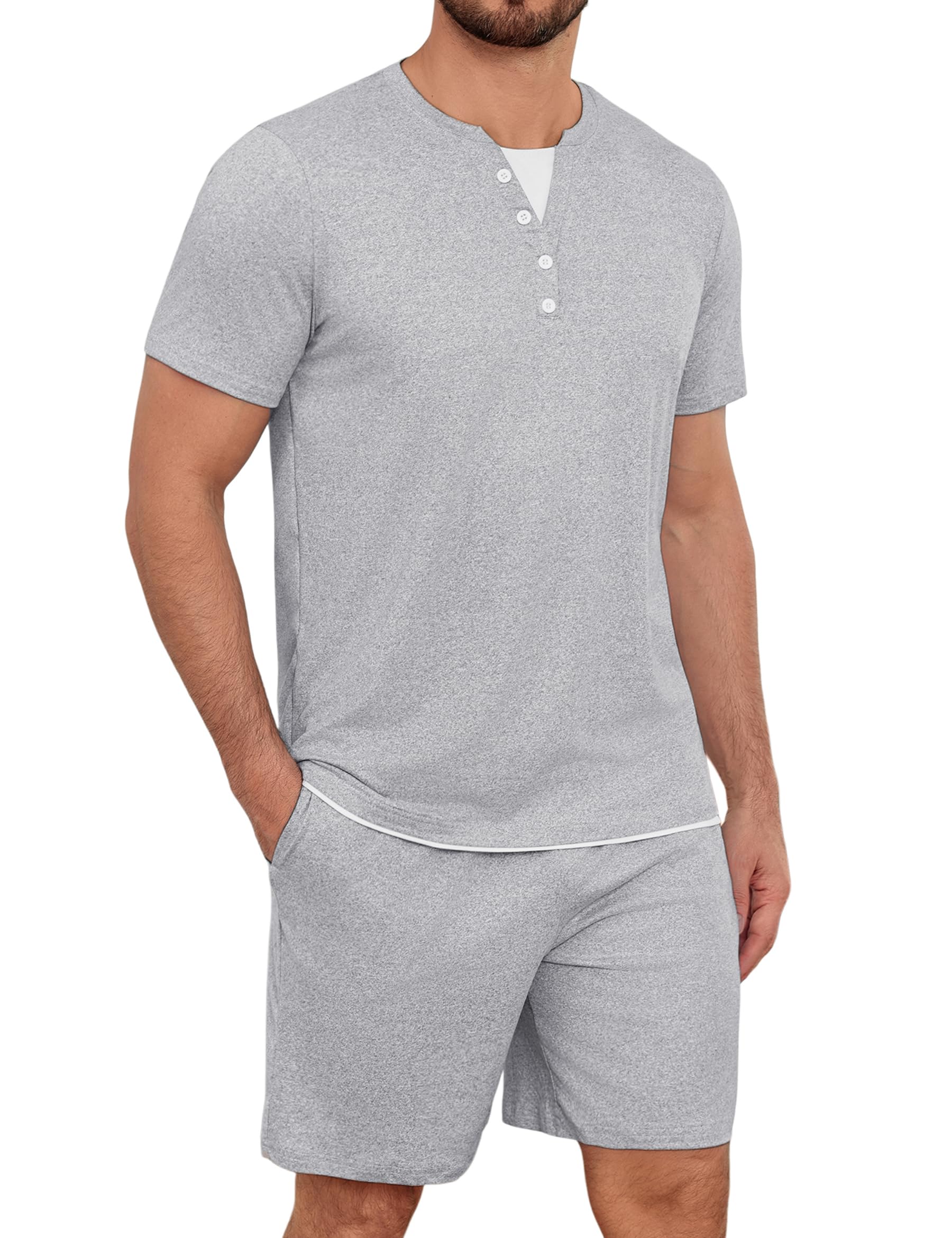 Jahetuul Schlafanzug Herren kurz Karomuster Schlafhose Männer Pyjama Sommer Henleykragen Schlafanzüge für Herren Pyjamashort Nachtwäsche Zweiteiler