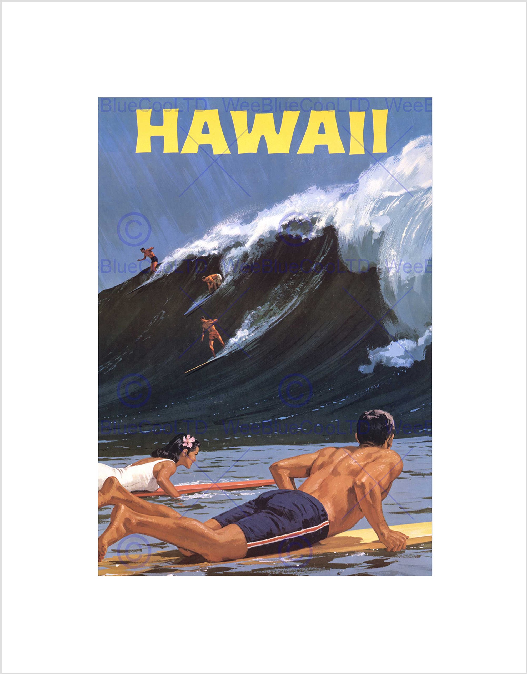 Wee Blue Coo Travel Tourism Hawaii USA Surf Ocean Wave Wall Art Print