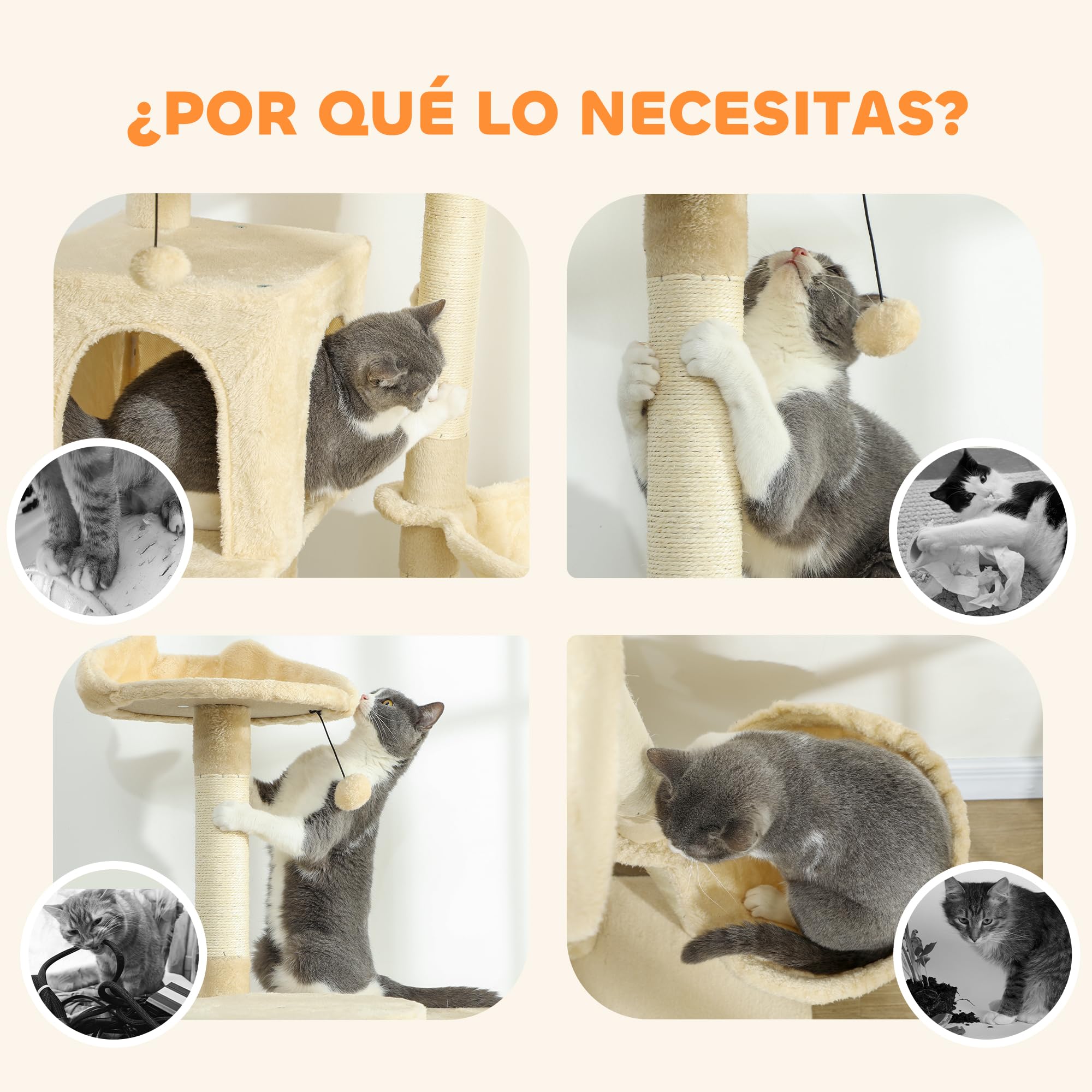 PawHut Árbol Rascador para Gatos, Árbol para Gatos 180 cm, Torre Escalador con Múltiples Plataformas, Cama, 2 Cuevas, Hamaca, Escalera, Postes de Sisal, Bolas para Jugar, Beige