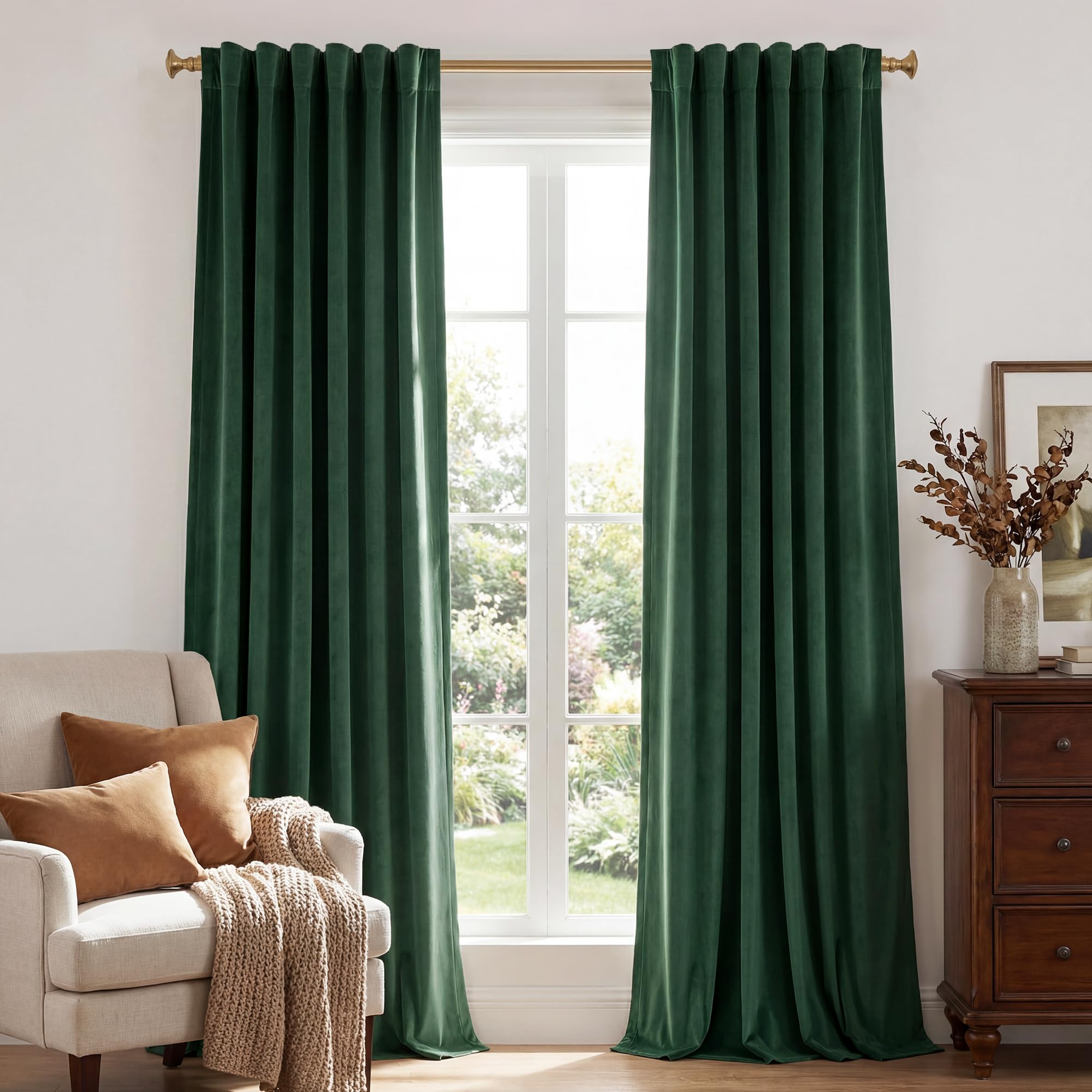 StangH Green Velvet Curtains 102 inches Long 2 Panels, Luxury Dark Green Decorative Backdrops Light Blocking for Party/Holiday, Solid Warming Drapes Heat & Cold Resistant for Bedroom, W52 x L102