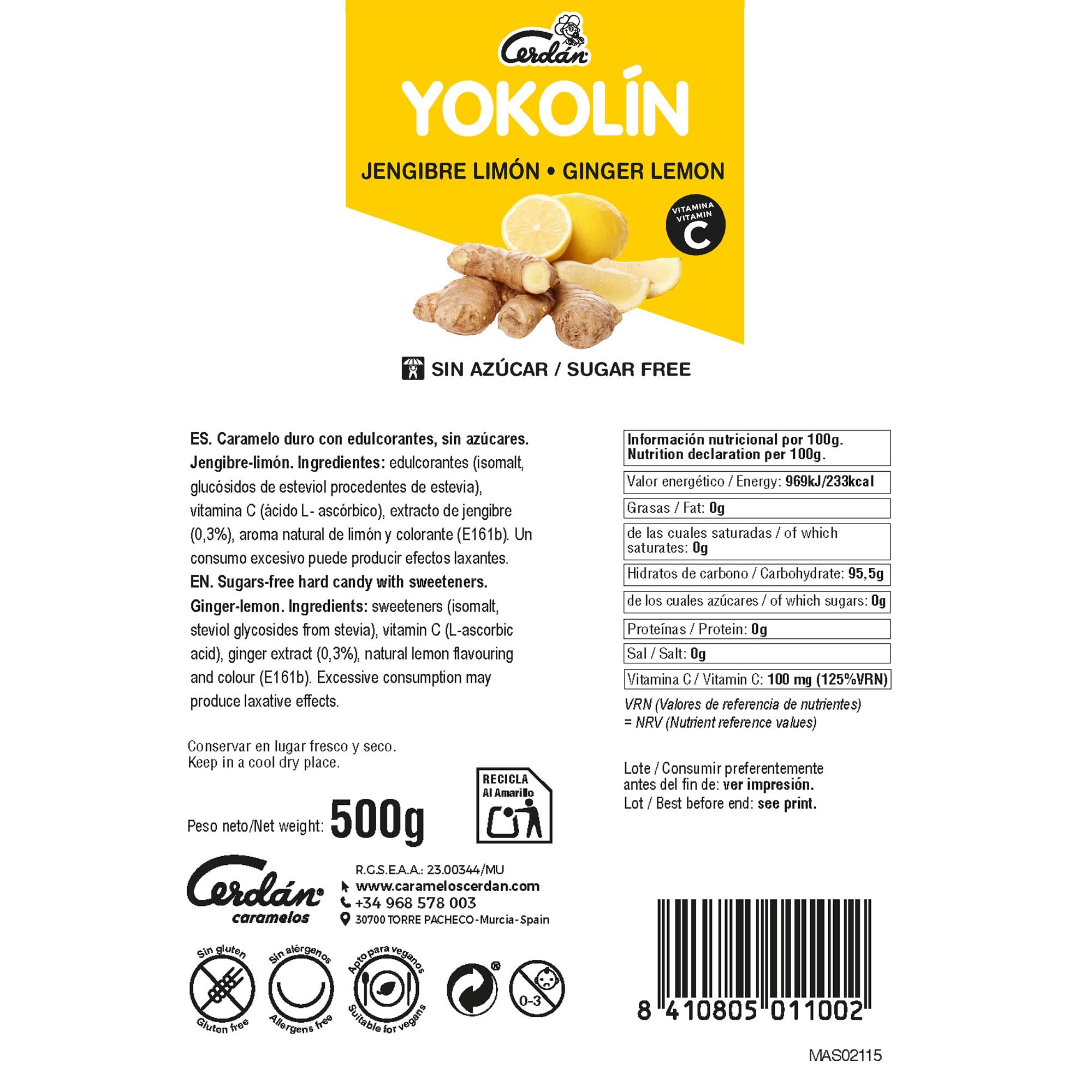 Caramelos Cerdán Yokolín Caramelo sin Azúcar Sabor Jengibre Limón con Vitamina C Bolsa 150 uds 500g Caramelo Duro Sin Gluten
