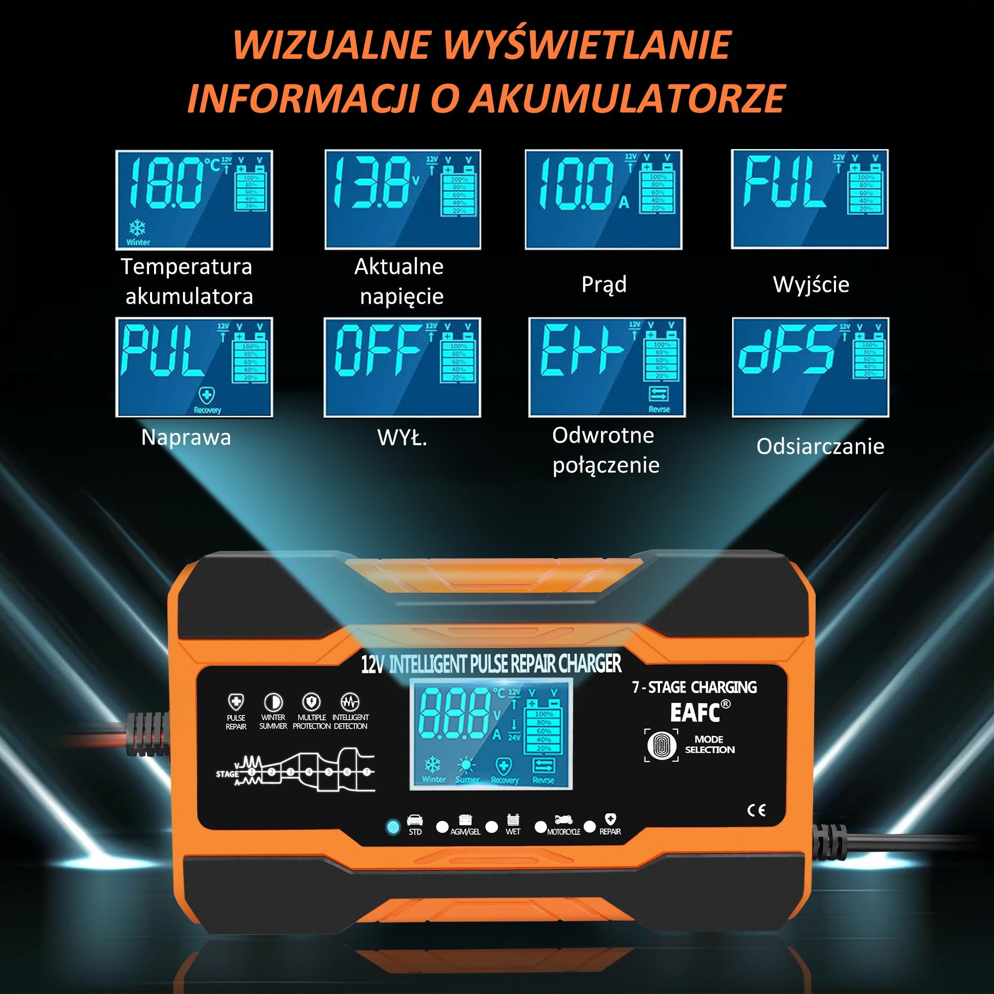 Ładowarka samochodowa 12A 12V automatyczna inteligentna z kompensacją temperatury do akumulatorów ołowiowo-kwasowych