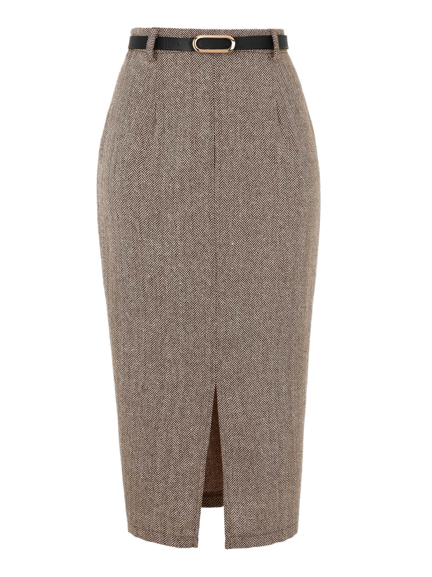 Allegra K Midi Pencil Skirt for Women Fall Winter High Waisted Slit Office Work Skirts with Belt