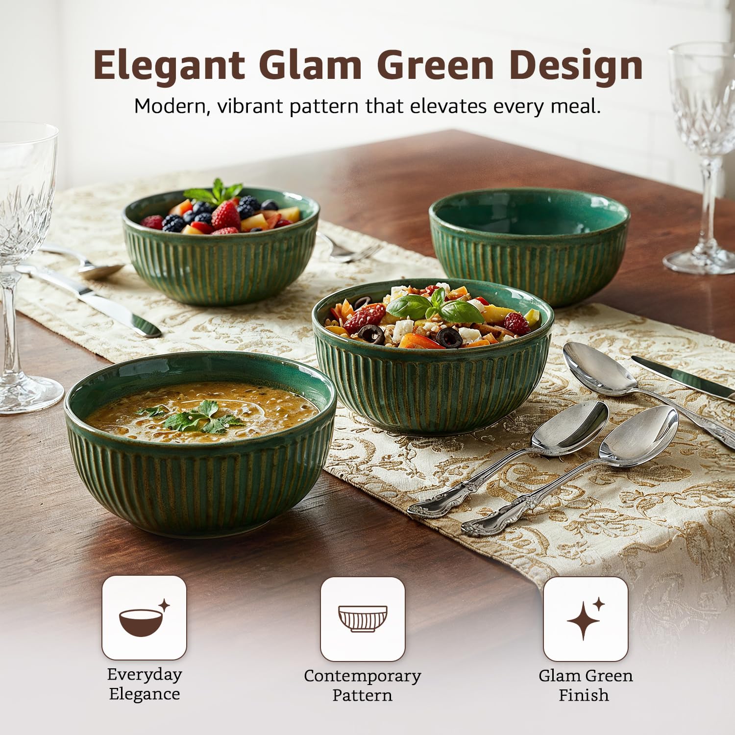 Solimo Green Ceramic Bowl Set of 4, 500 ML Each | Serving Bowls | for Rice, Dal, Fruits, Salad, Snacks | Dishwasher & Microwave Safe | Textured 1