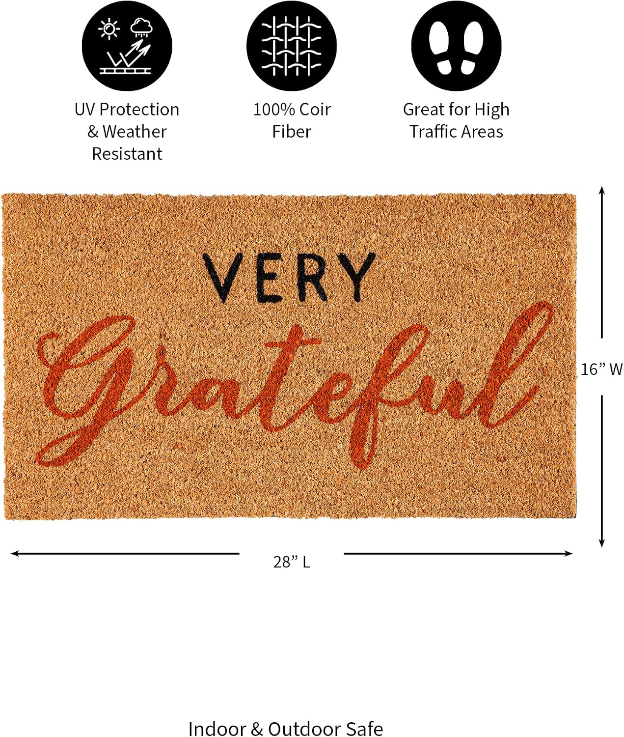 Evergreen Flag Funny Welcome Coir Doormat | Everyday 28" x 16" Front Door Mat Outdoor Entrance | No Slip Door Rugs Entryway Indoor | Very Grateful