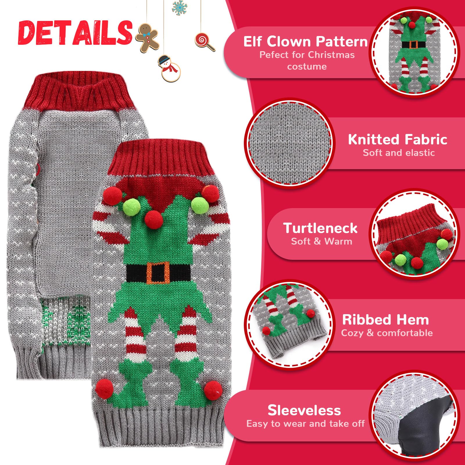 ABRRLO Dog Christmas Jumper Ugly Elf Outfits Grey Xmas Pet Sweater Puppy Cat Holiday Costume New Year Clothes Gift for Small Medium Large Dogs (Gray Elf,L) — view 4