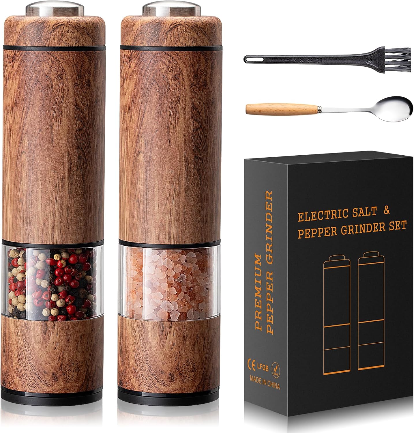 Electric Salt & Pepper Grinder Set (Wood Grain) - Battery Operated, One Handed, Adjustable Coarseness