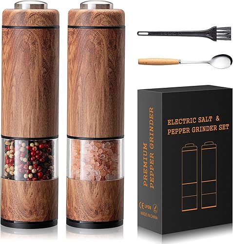 Electric Salt and Pepper Grinder Set, Battery Operated Pepper Grinder with LED Light, One Handed Operation, Adjustable Coarseness, Slat and Pepper