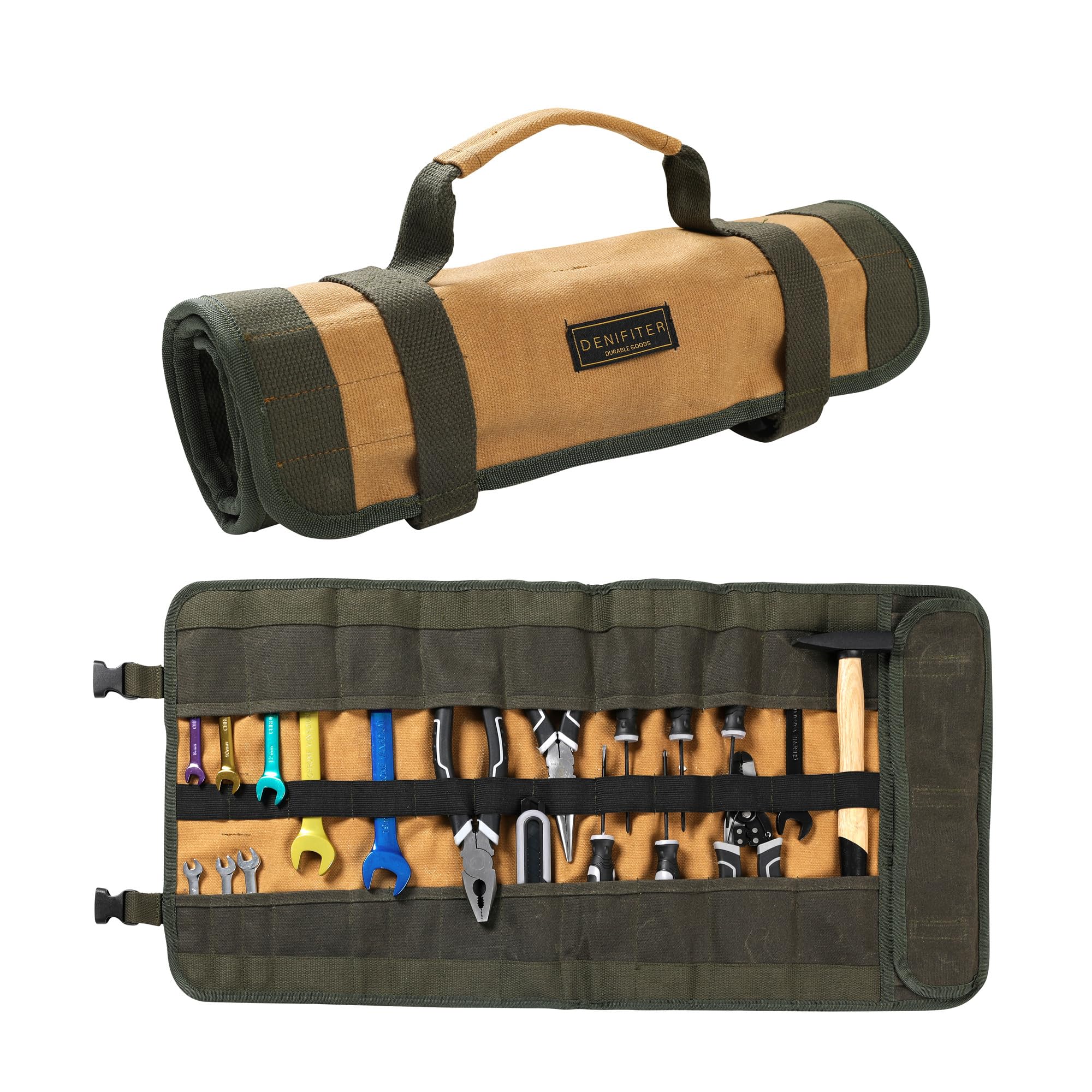 Wrench Tool Roll, Heavy Duty Waxed Canvas Multi-purpose Tool Pouch Bag With 25 Pockets, Easy Storage, Durable (Khaki)