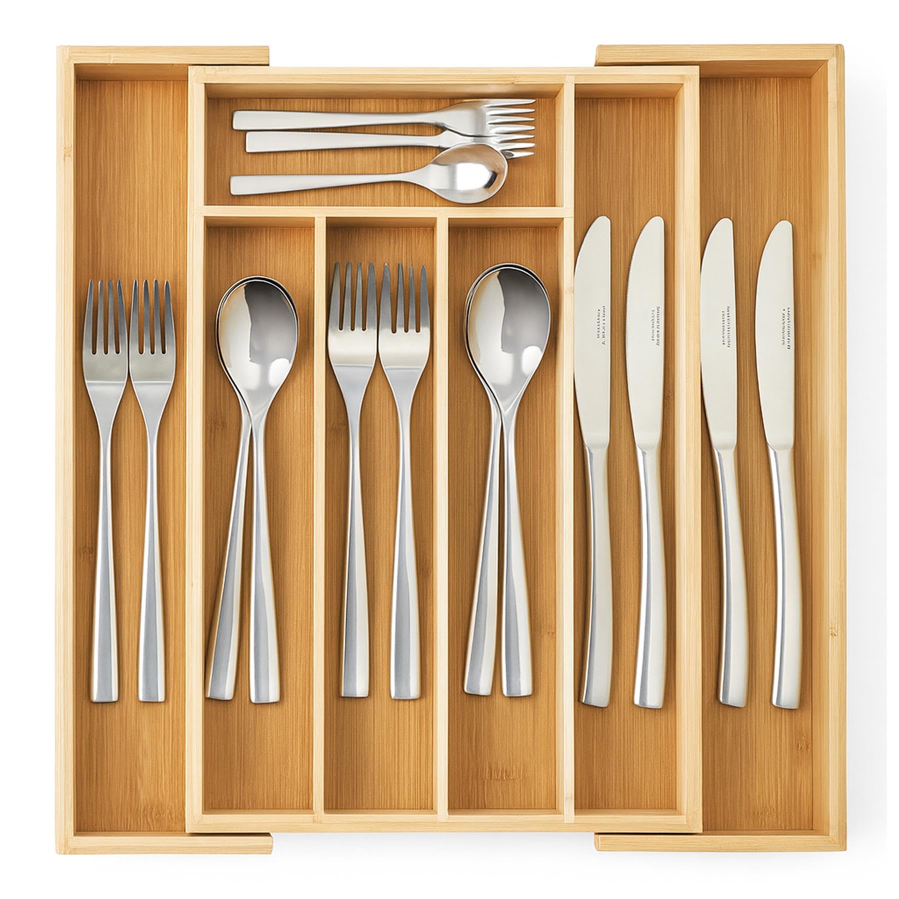 Innoteck Bamboo Expandable Cutlery Tray with 20-Piece Stainless Steel Cutlery Set – Adjustable 5–7 Compartment Drawer Organiser & Mirror-Polished Silverware Set for 4