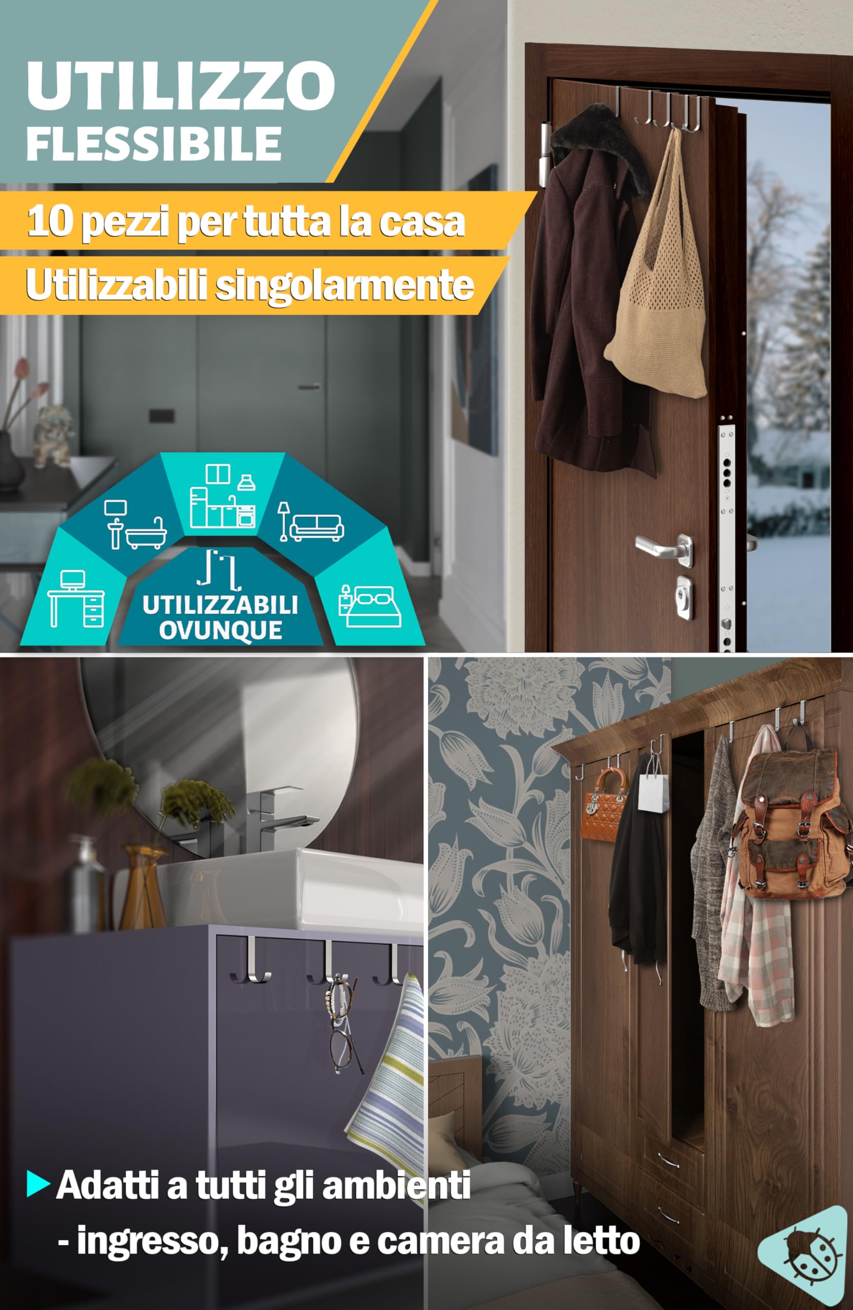 Accappatoio Bagno 1.6mm Set 10 Pezzi Gancio Porta Appendiabiti Stabile
