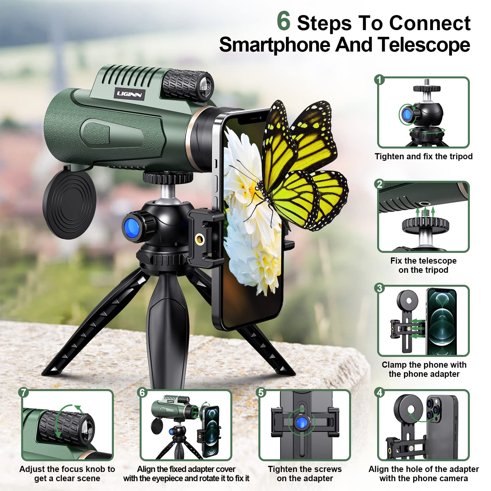Telescopio Monocular, 12 x 50 HD Monocular para Movil, Monoculars,FMC BAK4 Prisma Monoculars, para observación Caza y Camping (Verde)