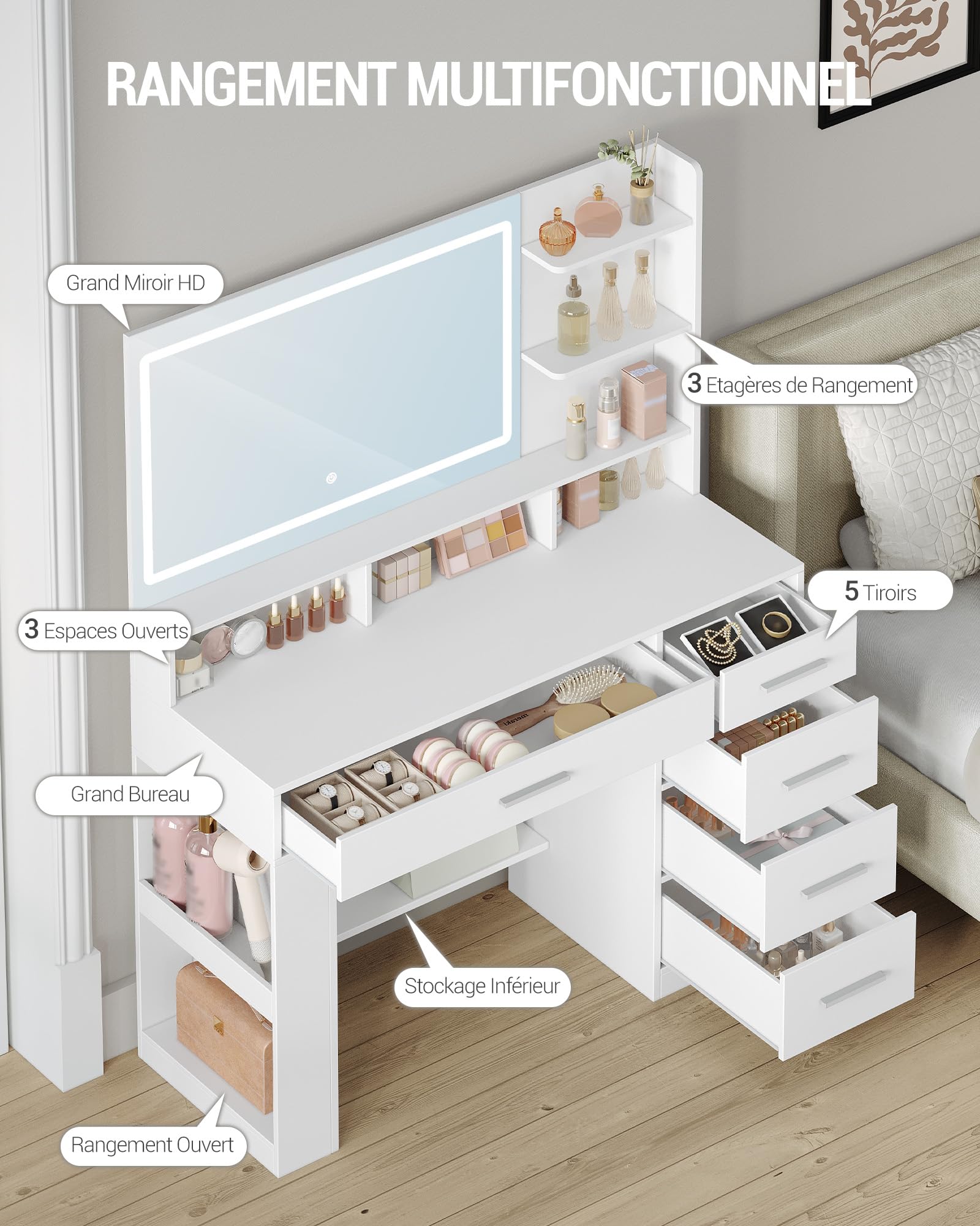 Hzuaneri Coiffeuse avec HD Miroir,Coiffeuse avec éclairage LED, 6 Compartiments Ouverts, 5 Tiroirs et Rangements Latéraux. Moderne, Blanc DT44003XEU