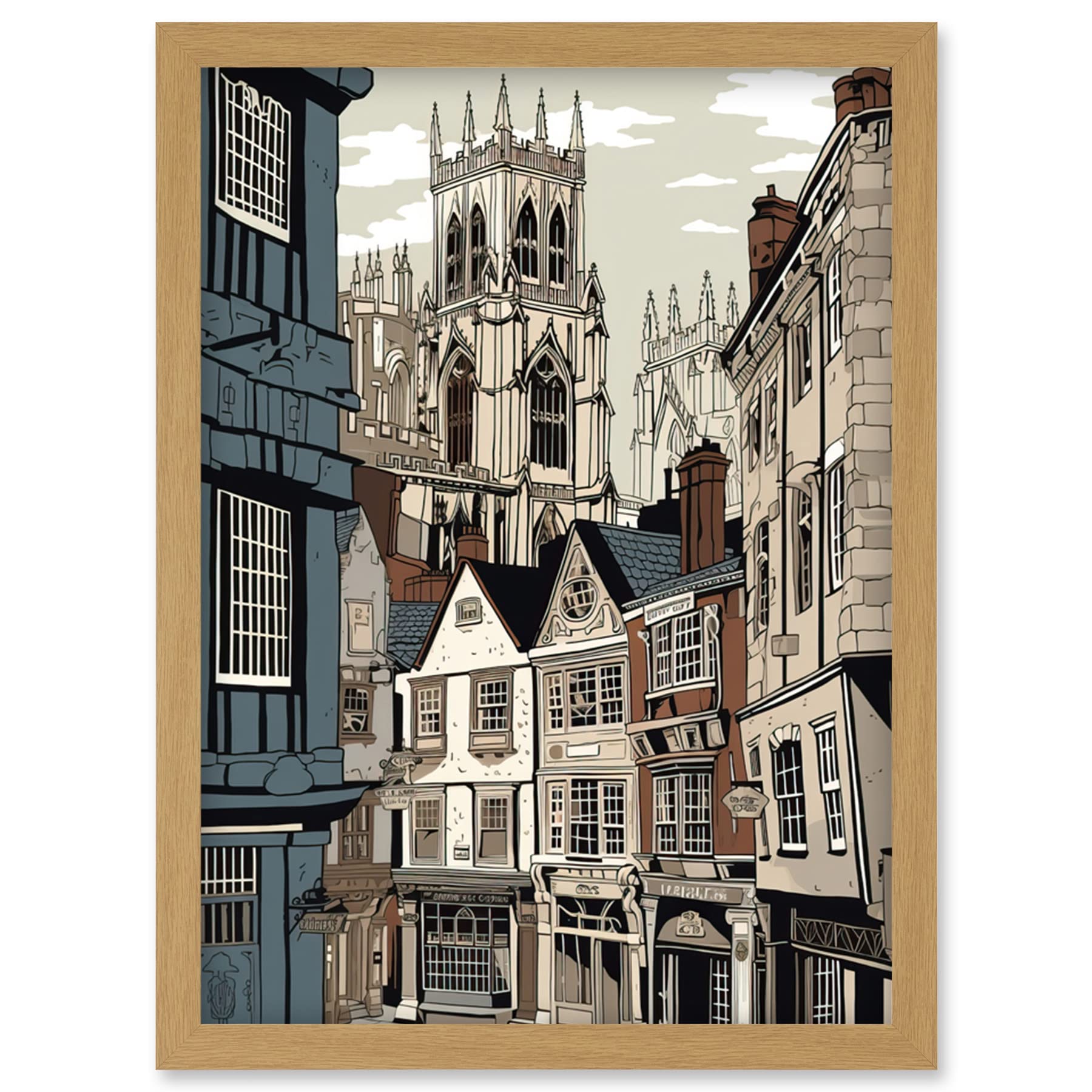 Artery8 Shambles Street Cityscape with York Minster Towers Artwork Framed Wall Art Print A4