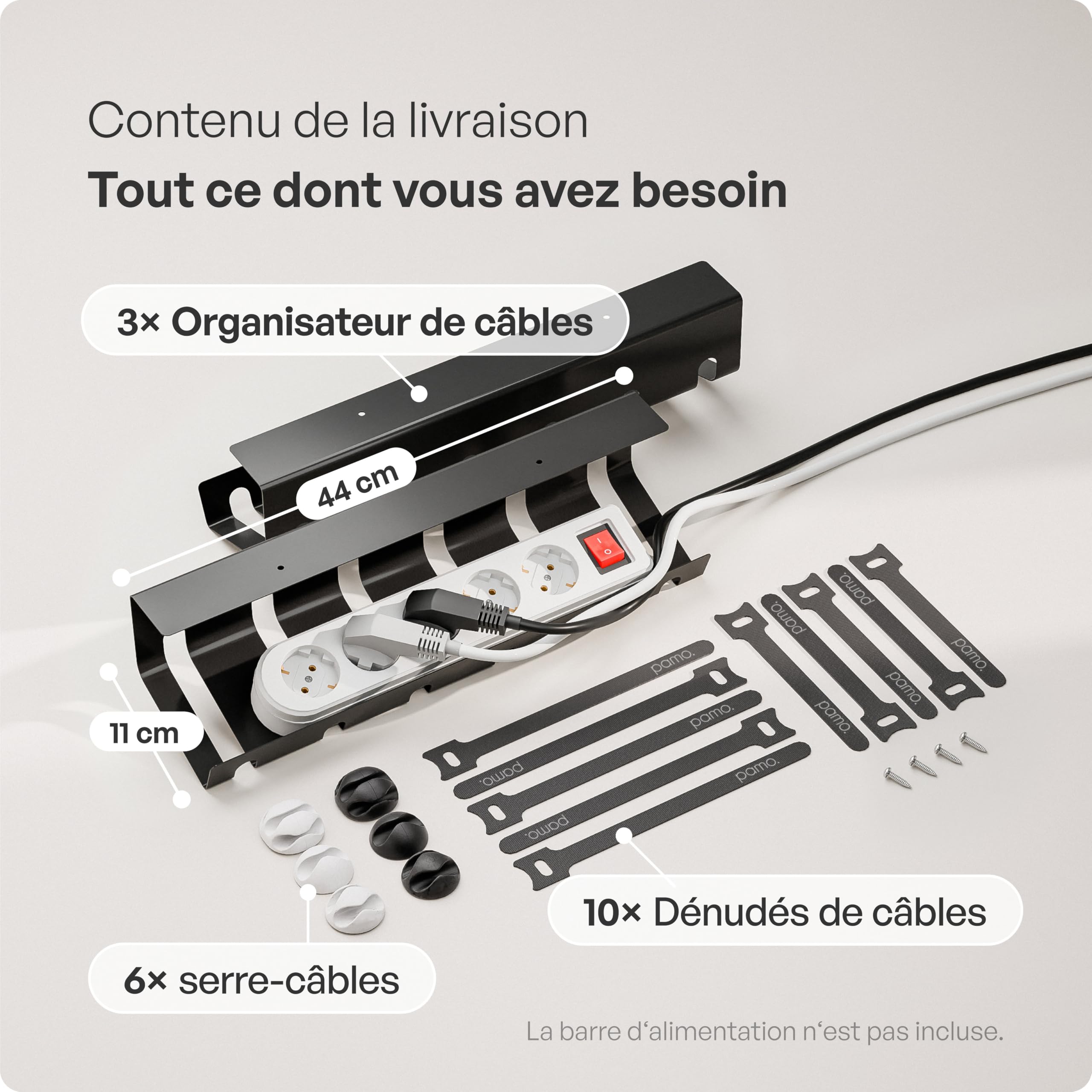 PAMO Conduit de câble de Bureau pour Un Montage sous la Table I Jeu de 2 - avec 6 x Serre-câbles I pour Support/Table de pour télétravail avec Support de câble (Jeu de 2, Noir)