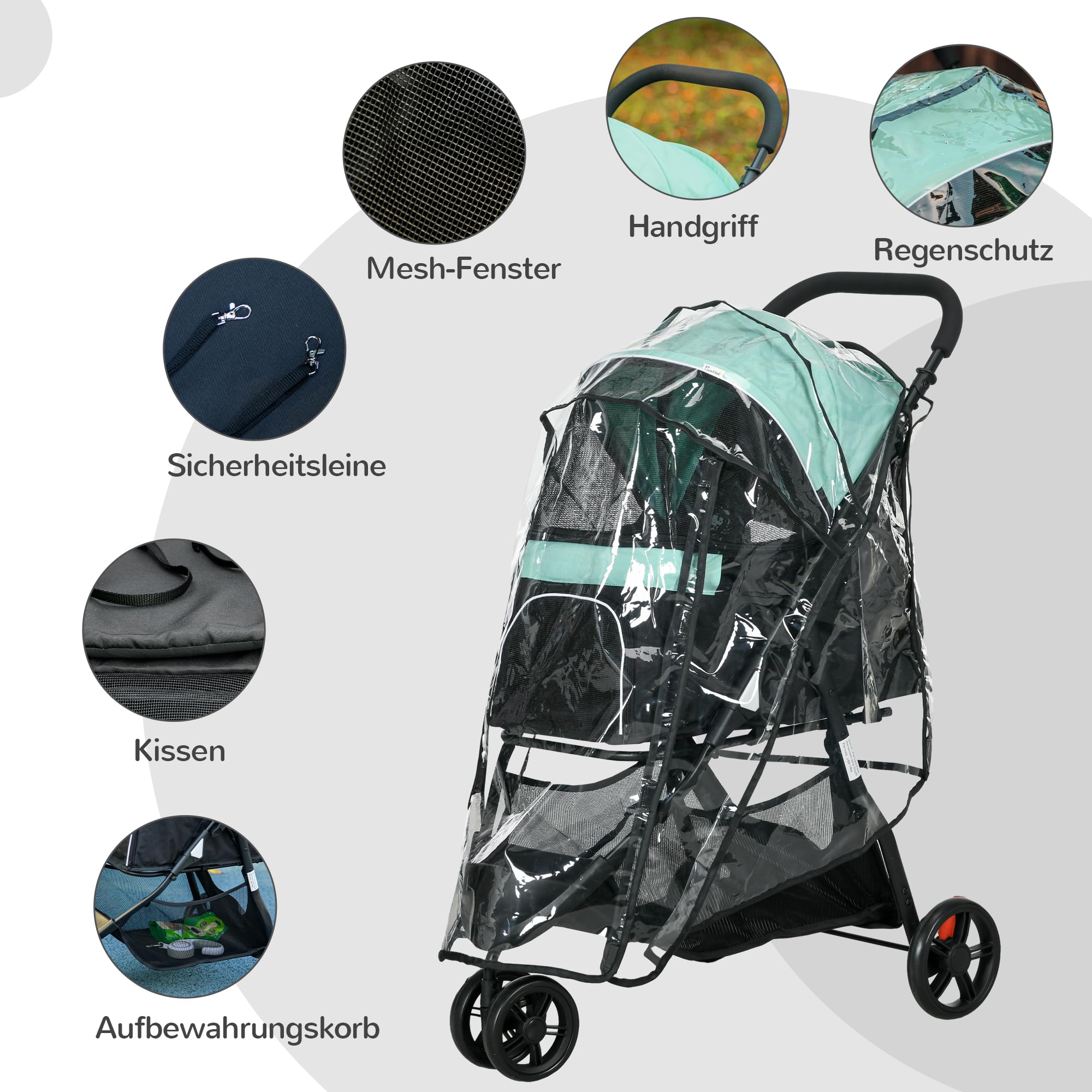 PawHut Hundewagen 2 in 1 Hundebuggy klappbar für Hunde & Katzen bis 10 kg Katzenbuggy mit Kissen Netzfenstern Türen Aufbewahrungskorb Katzenwagen Buggy Grün